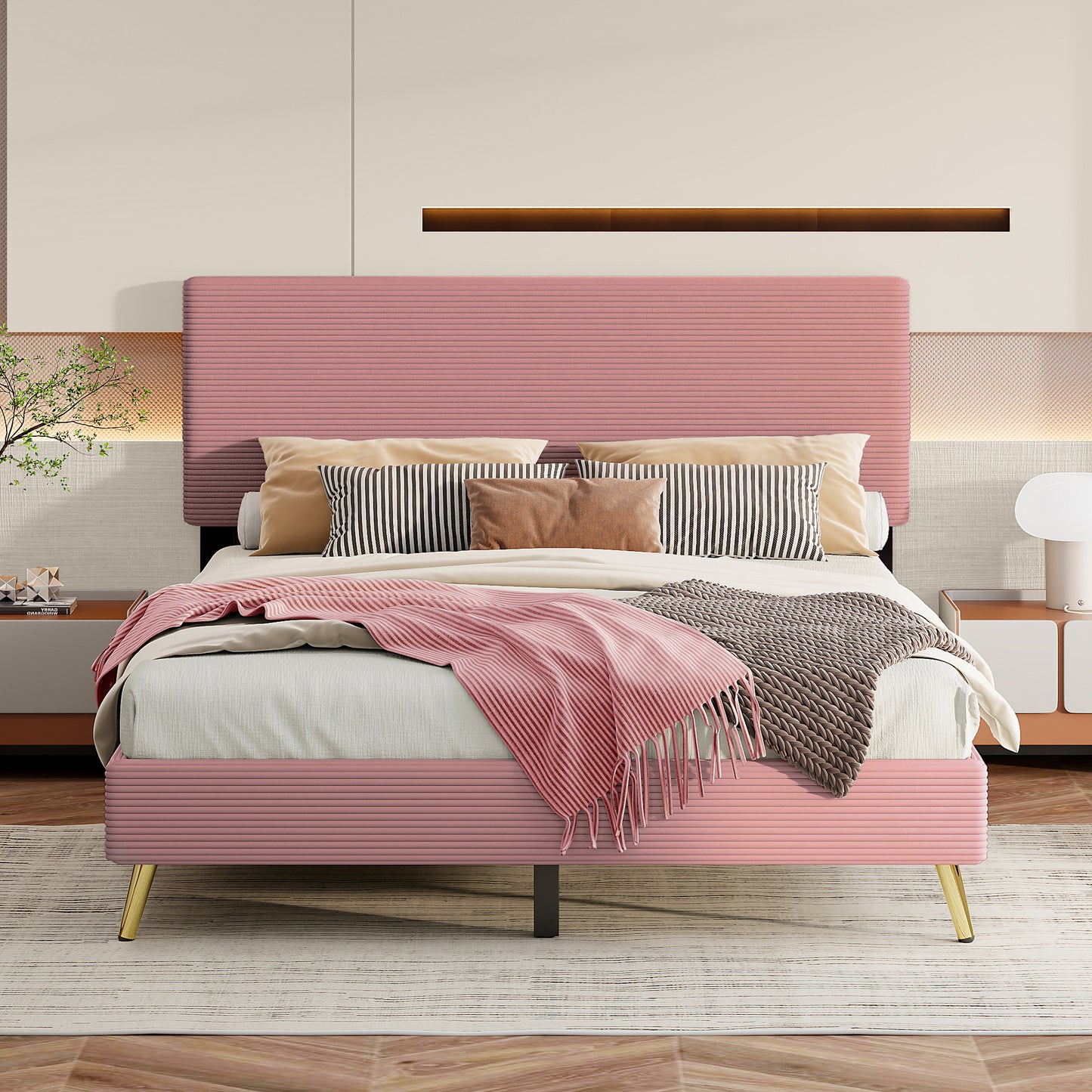 Melysen Queen Size Corduroy Upholstered Bed Frame, Platform Bed with Horizontal Stripe Headboard