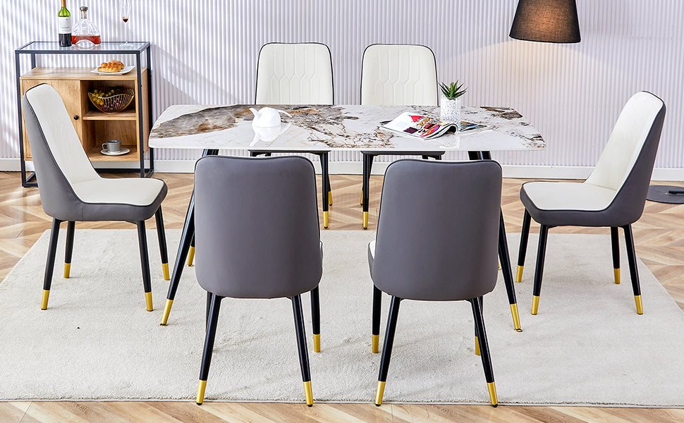 Melysen Modern Minimalist Dining Table. Imitation Marble Patterned Stone Burning Tabletop with Black Metal Legs.Modern Dining Chair with Pu Artificial Leather Backrest Cushion and Black Metal Legs.010