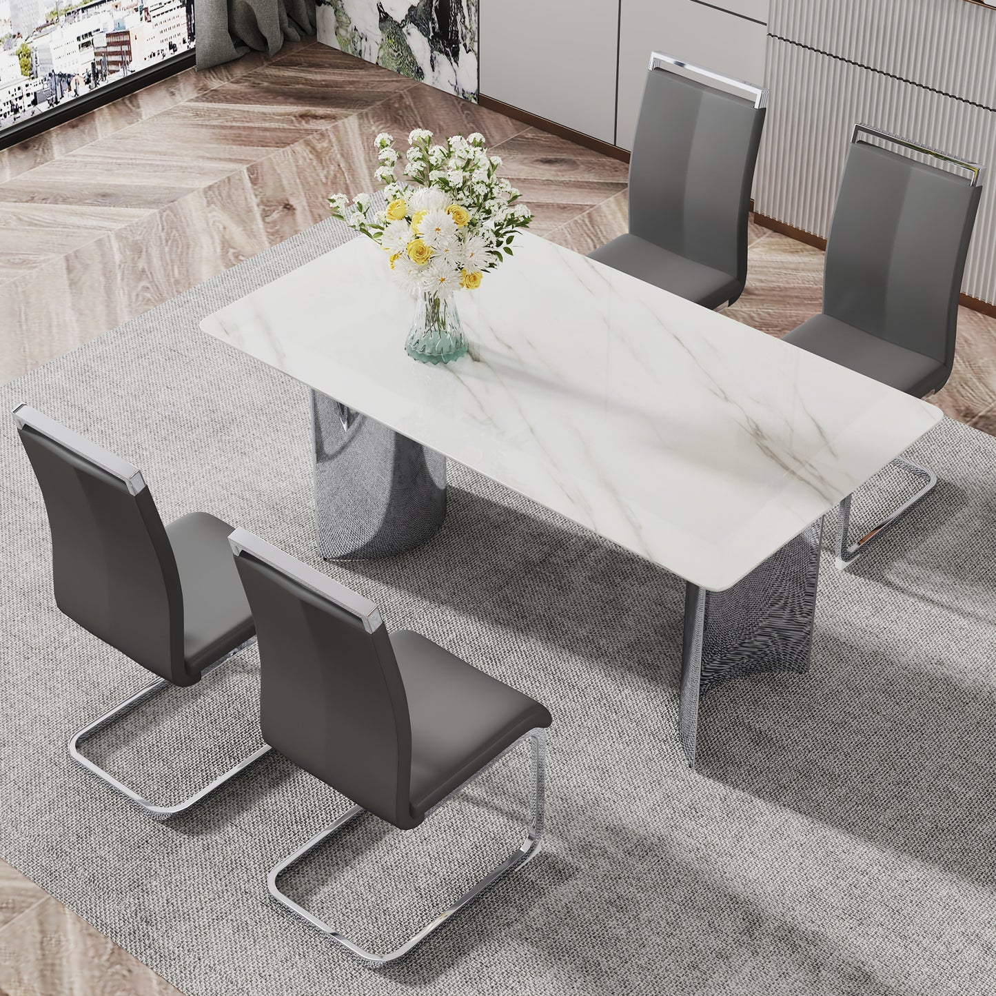 Melysen Modern Minimalist Dining Table. Imitation Marble Glass Sticker Desktop, Stainless Steel Legs, Stable and Beautiful. 4 Premium Pu Seats. 63" * 35.4" * 29.5"001