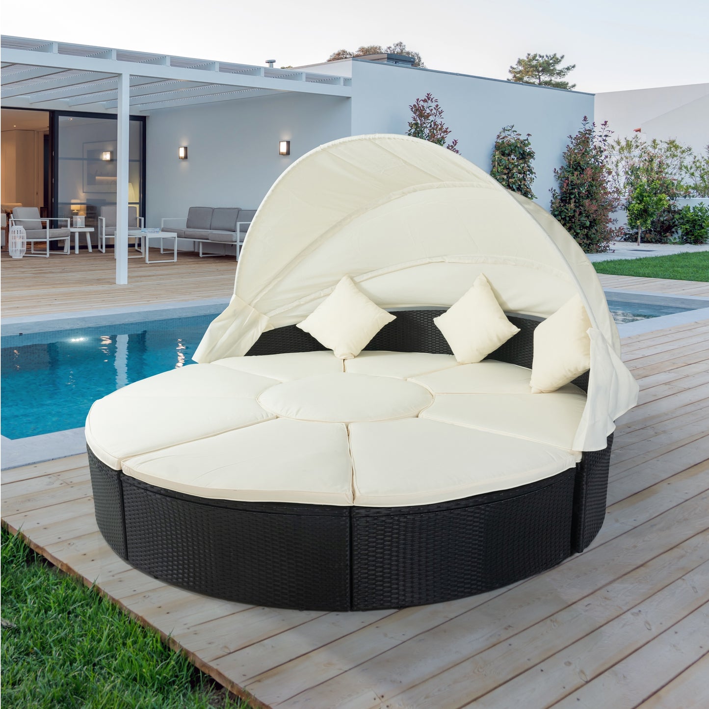 Melysen Outdoor Patio Round Daybed with Retractable Canopy Rattan Wicker Furniture Sectional Seating Set Black Wicker + Creme Cushion