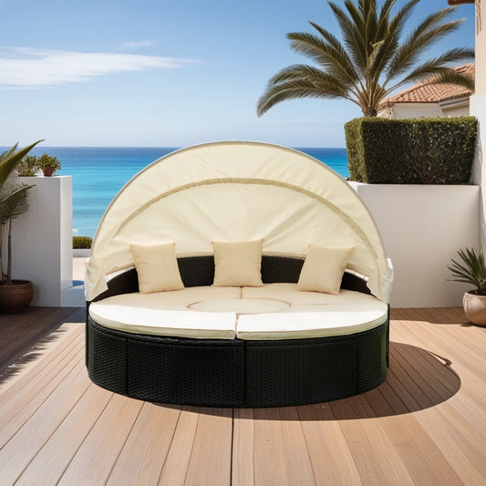 Melysen Outdoor Patio Round Daybed with Retractable Canopy Rattan Wicker Furniture Sectional Seating Set Black Wicker + Creme Cushion