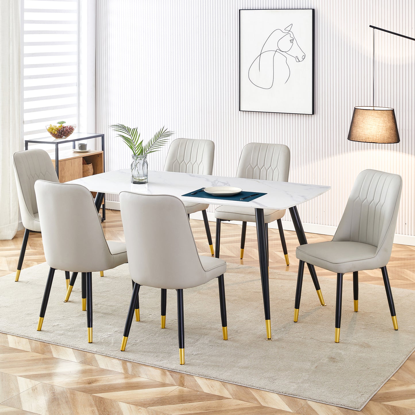 Melysen Modern Minimalist Dining Table. White Imitation Marble Pattern Sintered Stone Desktop with Black Metal Legs.Modern Dining Chair with Pu Artificial Leather Backrest Cushion and Black Metal Legs.005