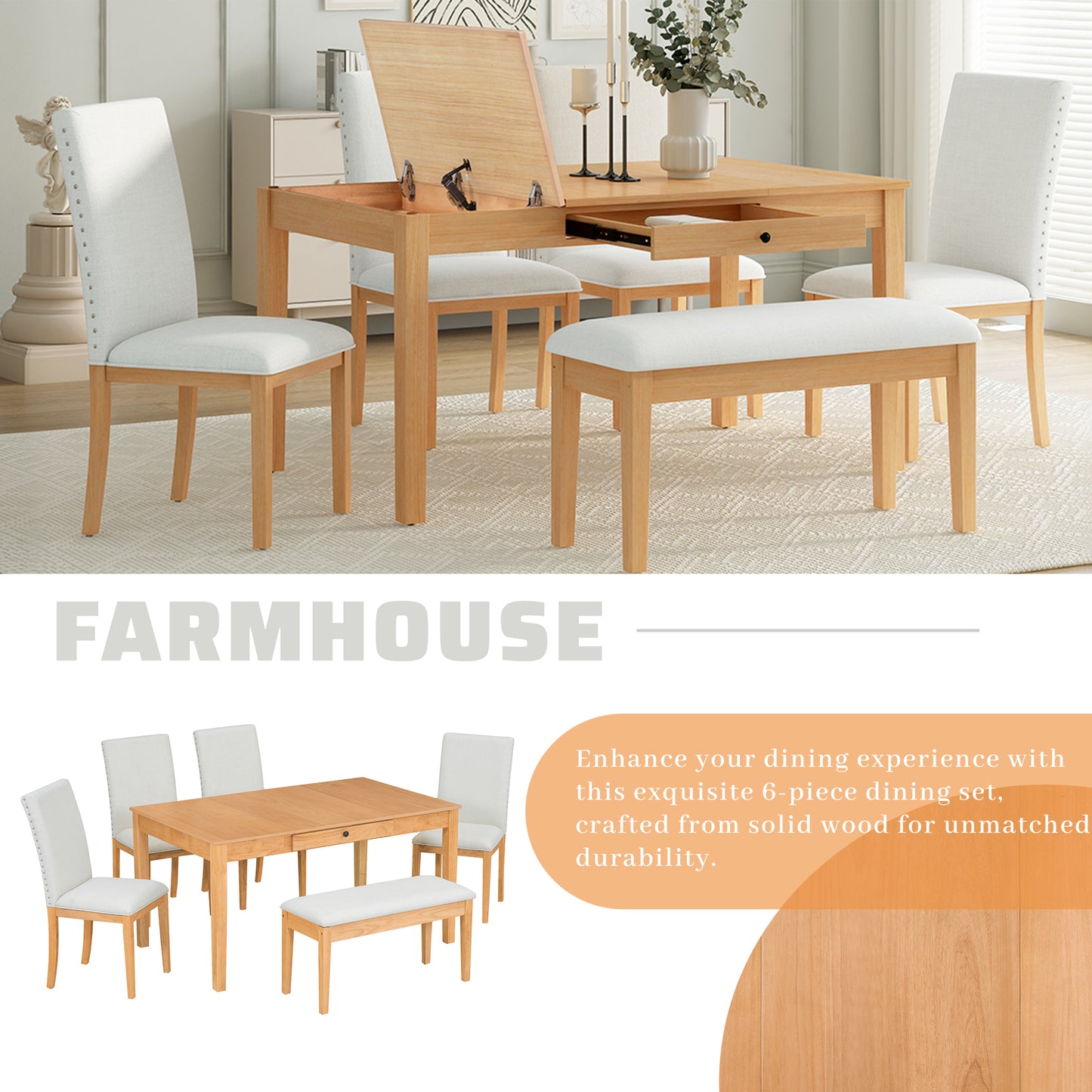 Melysen Farmhouse 6-Piece Dining Table Set with Storage Table, Kitchen Table Set with Drawer, Storable Bench and Upholstered Dining Chairs