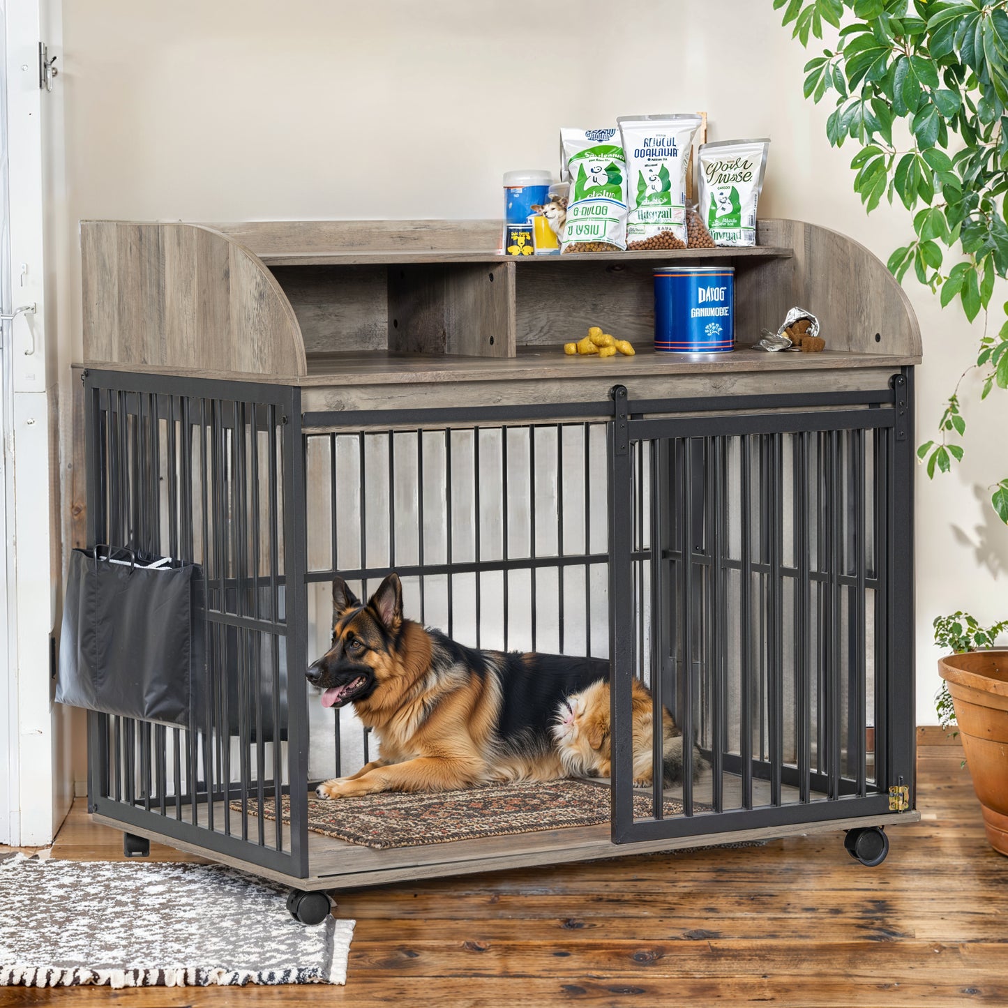 Melysen 44'' Heavy Duty Large Dog Crate Furniture for Large Medium Dog with Lockable Wheels, Wooden Dog Crate Dog Kennel, End Table Crate with Double layer storage, Gray