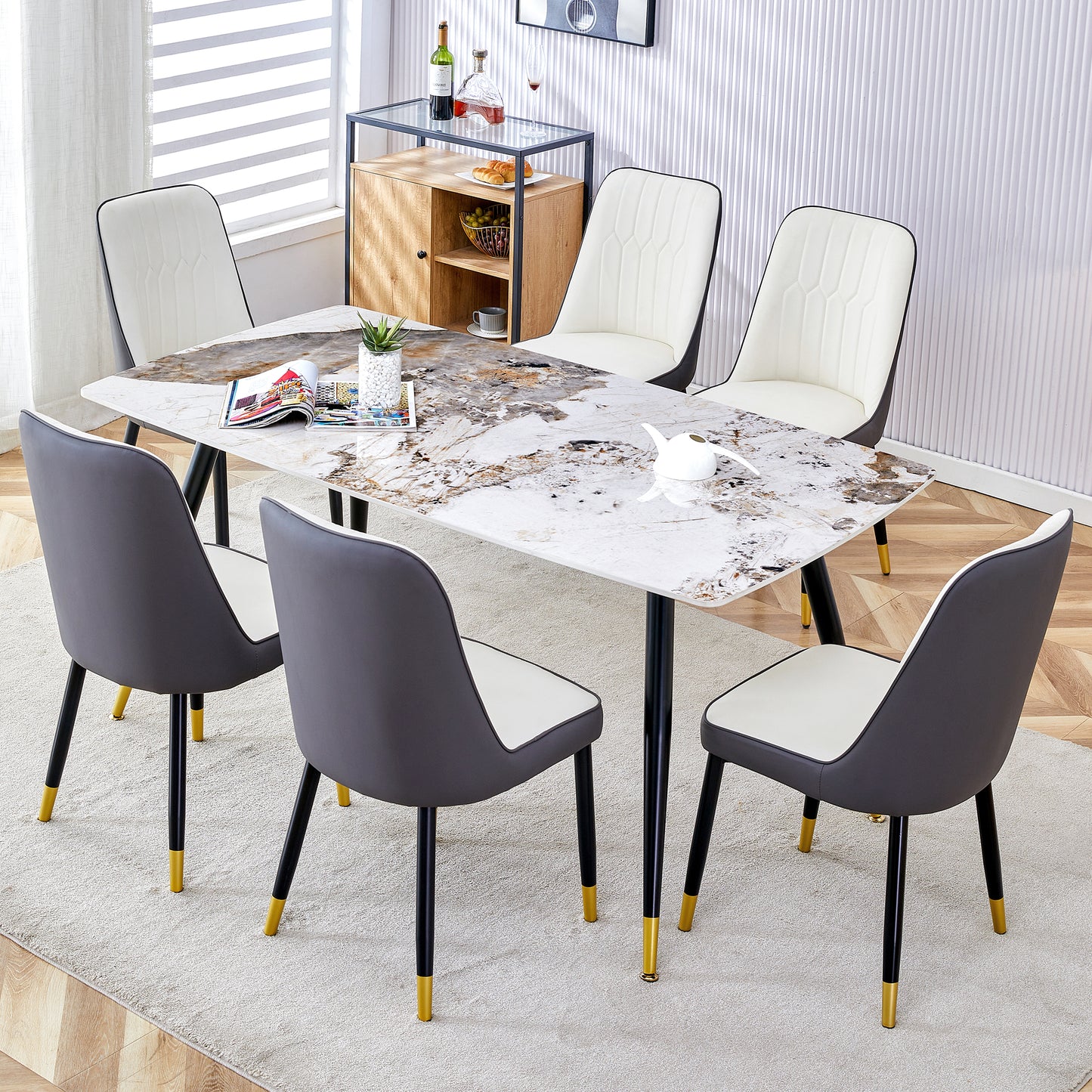 Melysen Modern Minimalist Dining Table. Imitation Marble Patterned Stone Burning Tabletop with Black Metal Legs.Modern Dining Chair with Pu Artificial Leather Backrest Cushion and Black Metal Legs.010