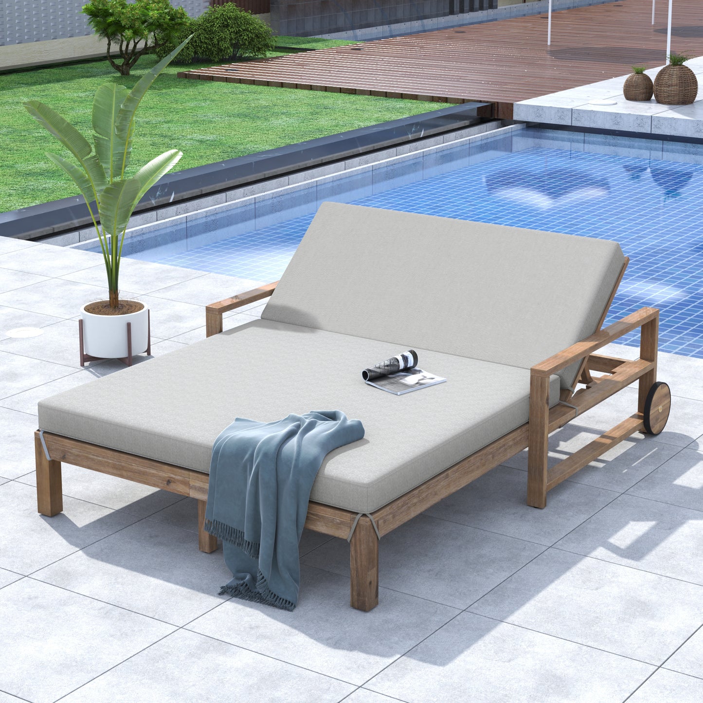 Melysen 1-Piece Farmhouse-styled Wooden Outdoor Sunbed for Ultimate Relaxation Outdoor Daybed Seating 2 People for Poolside, Garden and Backyard (Grey)