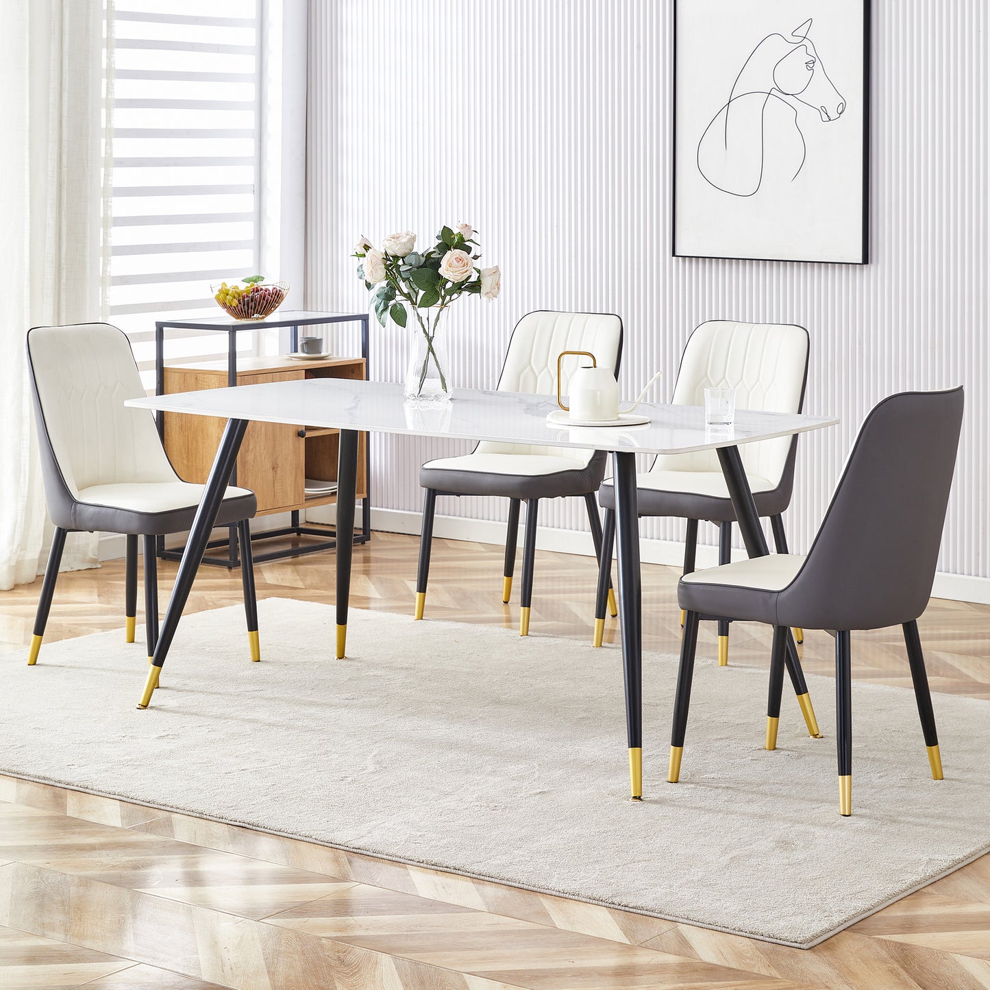 Melysen Modern Minimalist Dining Table. White Imitation Marble Pattern Sintered Stone Desktop with Black Metal Legs.Modern Dining Chair with Pu Artificial Leather Backrest Cushion and Black Metal Legs.002