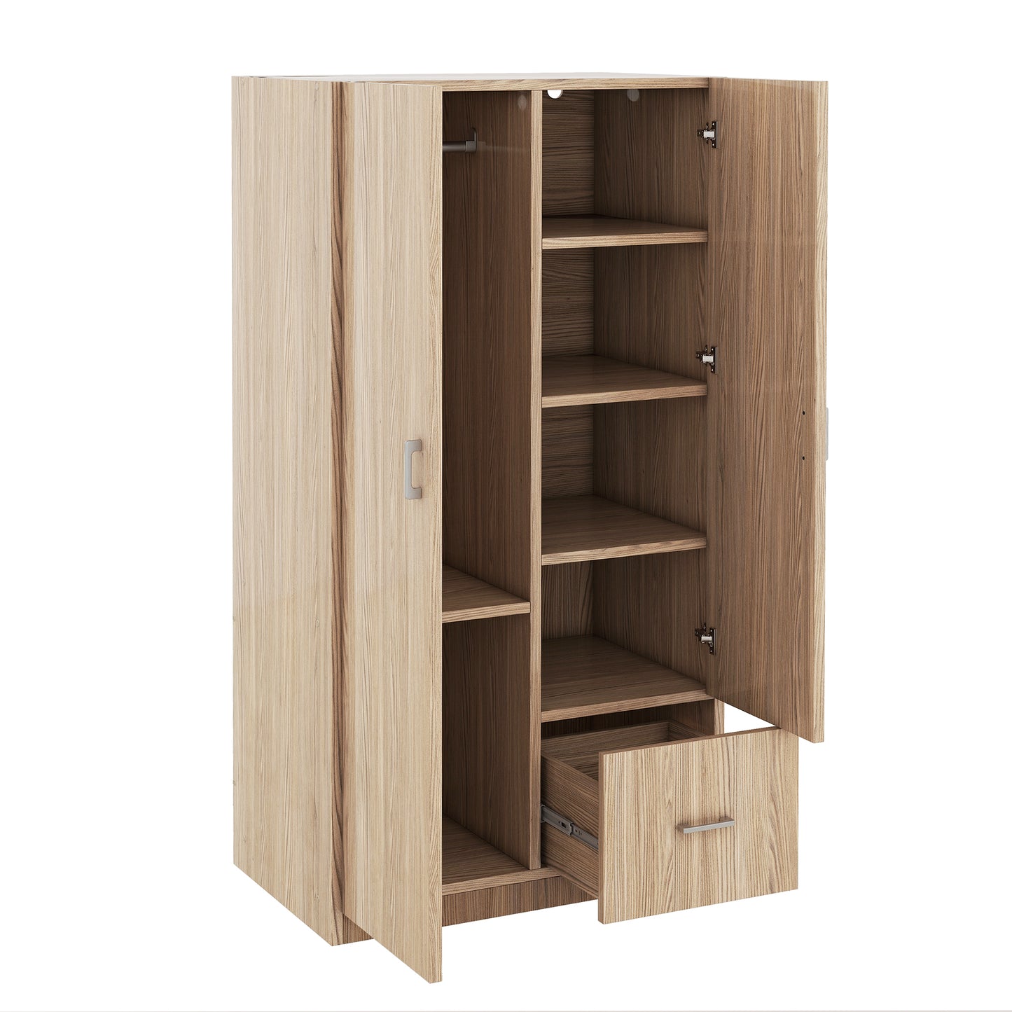 Melysen Wooden Wardrobe with Double Doors, Armoire with Hanging Rod, 5 Fixed Shelves, One Storage Drawer