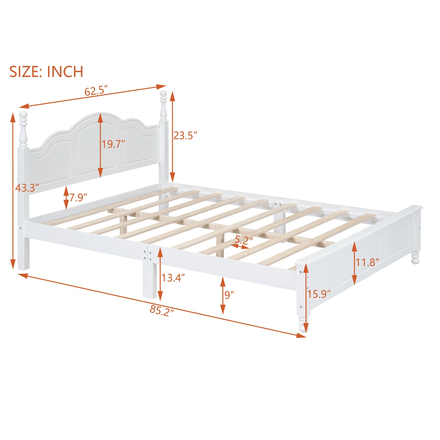 Melysen Queen Size Wood Platform Bed Frame,Retro Style Platform Bed with Wooden Slat Support,White