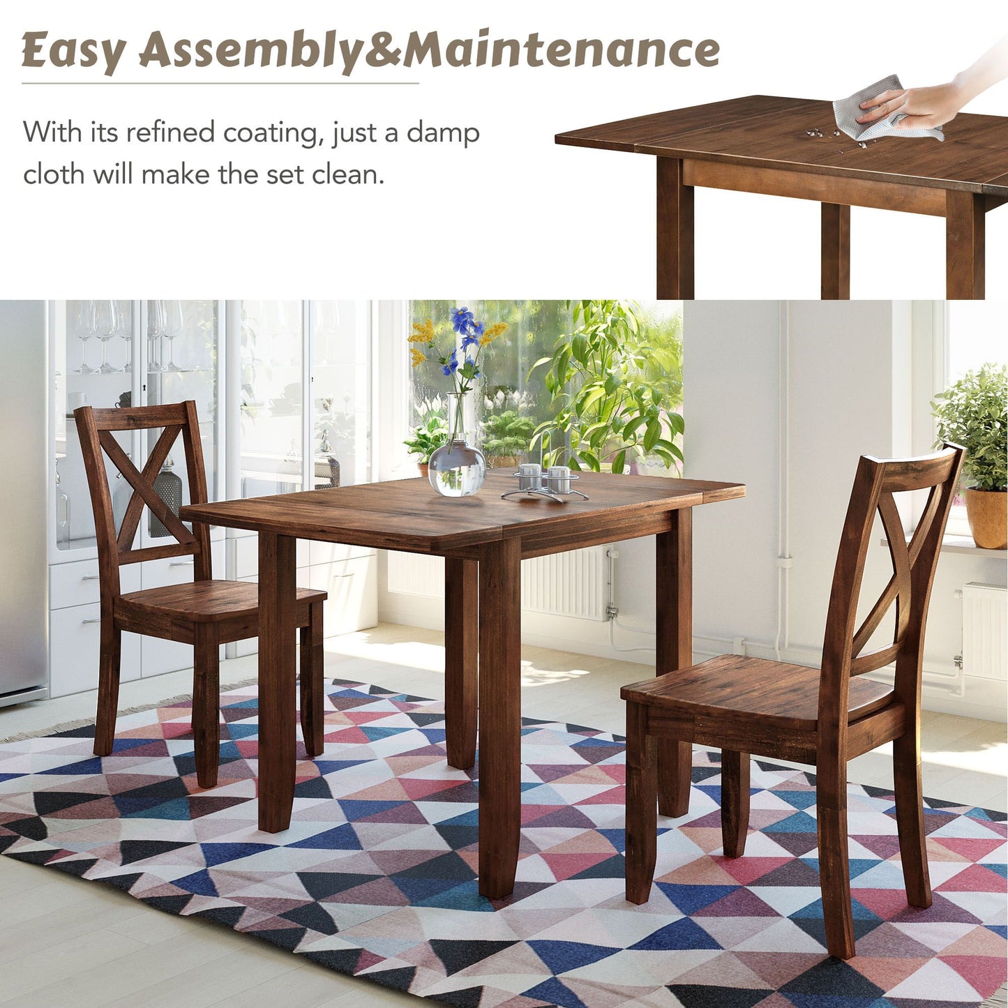 Melysen 3-Piece Wood Drop Leaf Breakfast Nook Dining Table Set with 2 X-back Chairs for Small Places