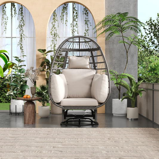 Melysen Outdoor Swivel Chair with Cushions, Rattan Egg Patio Chair with Rocking Function for Balcony, Poolside and Garden (Grey Wicker + Beige Cushion)