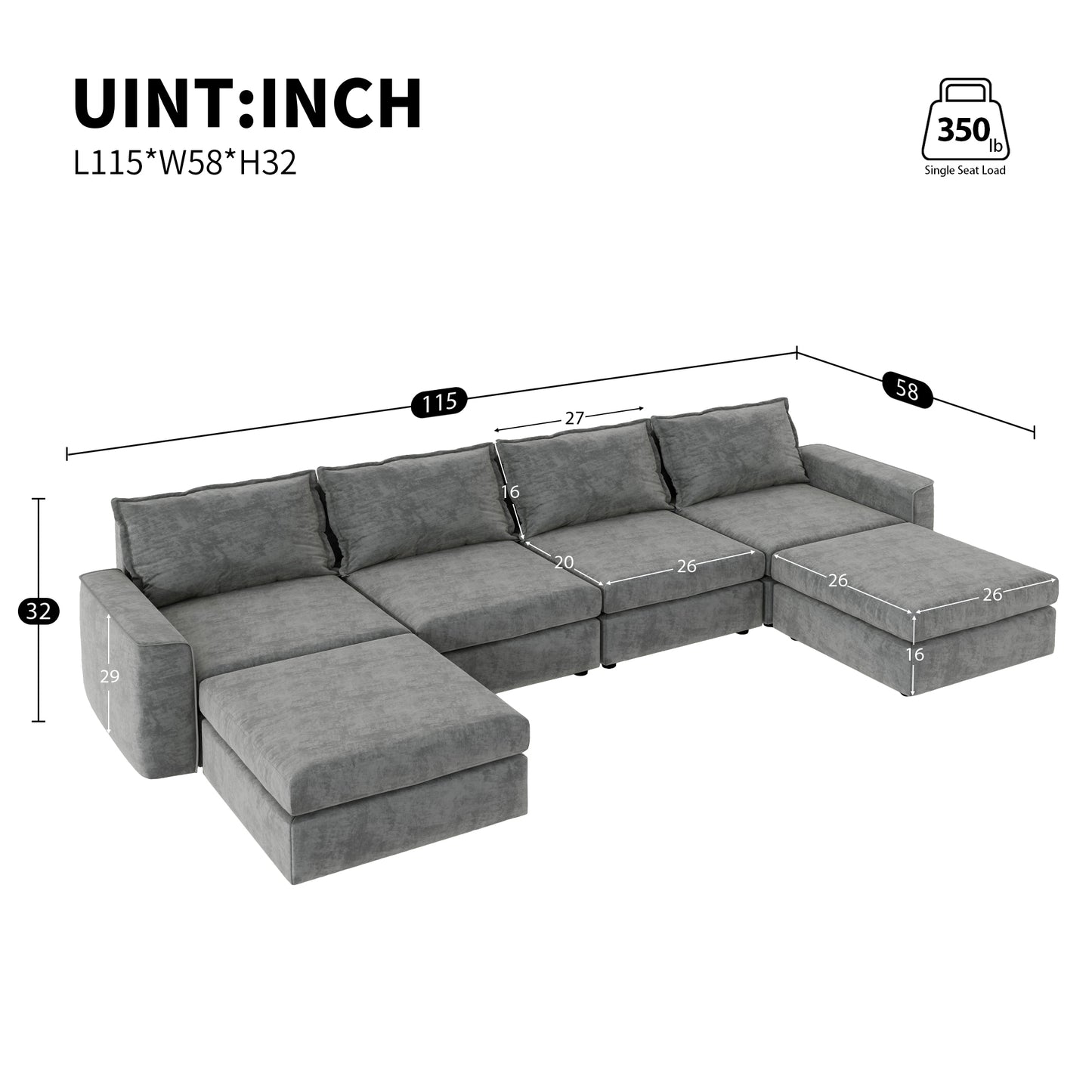 Melysen 115*58" Chenille Modular Sectional Sofa,U Shaped Reversible Couch,Free Combination,6 Seat Sleeper Sofa Bed with Ottoman,Convertible Oversized Indoor Furniture for Living Room,Gray