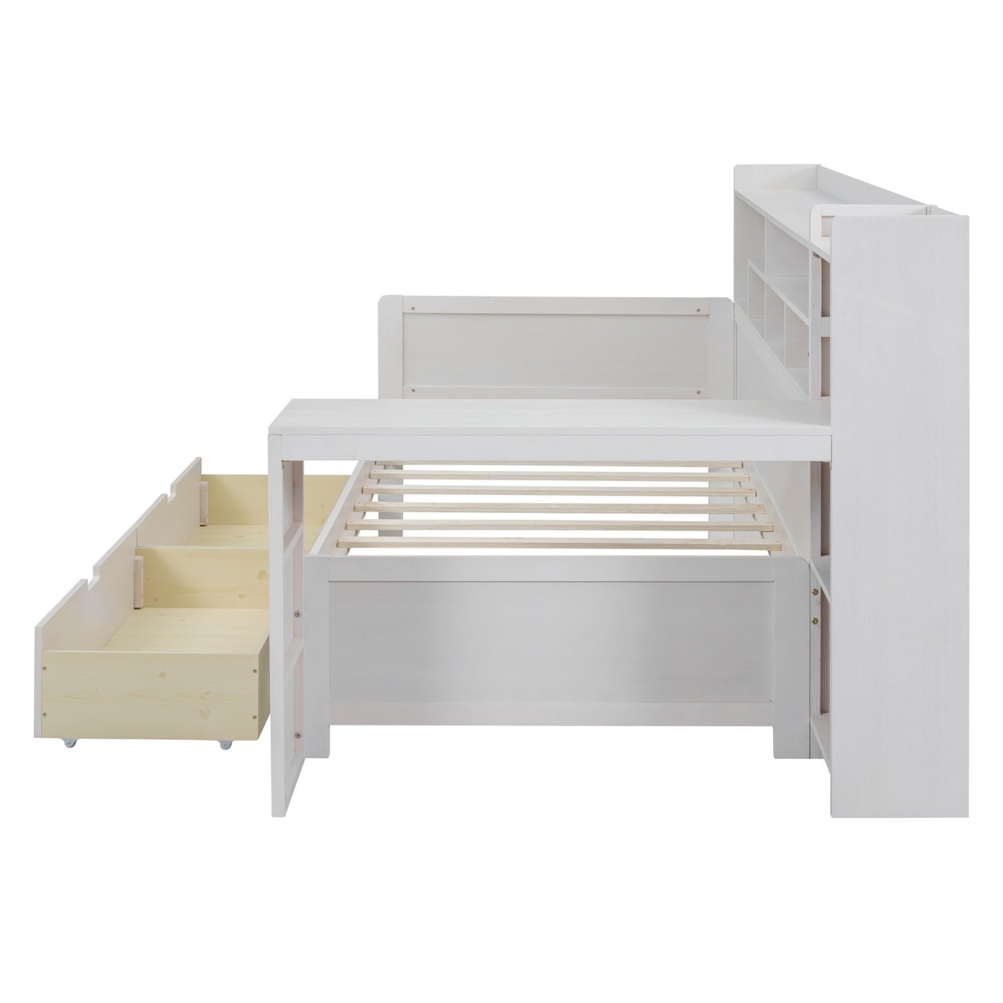 Melysen Wooden Twin Size Daybed with Storage Shelves, Multi-functional Bed with Two Storage Drawers and  Study Desk