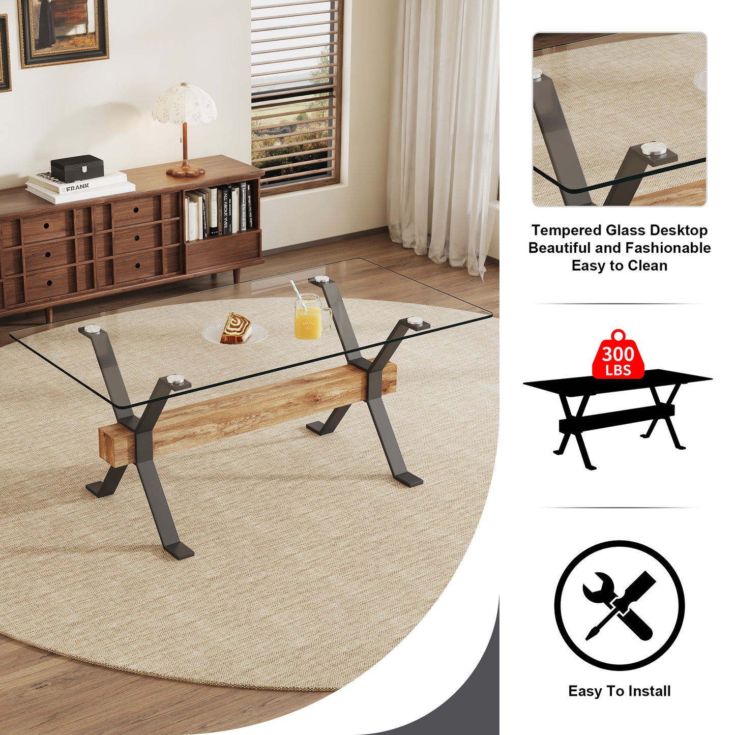 Melysen Dining Table. Modern Tempered Glass Dining Table. Large Modern office Desk with Black Metal Legs and Mdf Crossbars, Suitable For Home and office Use. 6 High-End Cushioned Seats