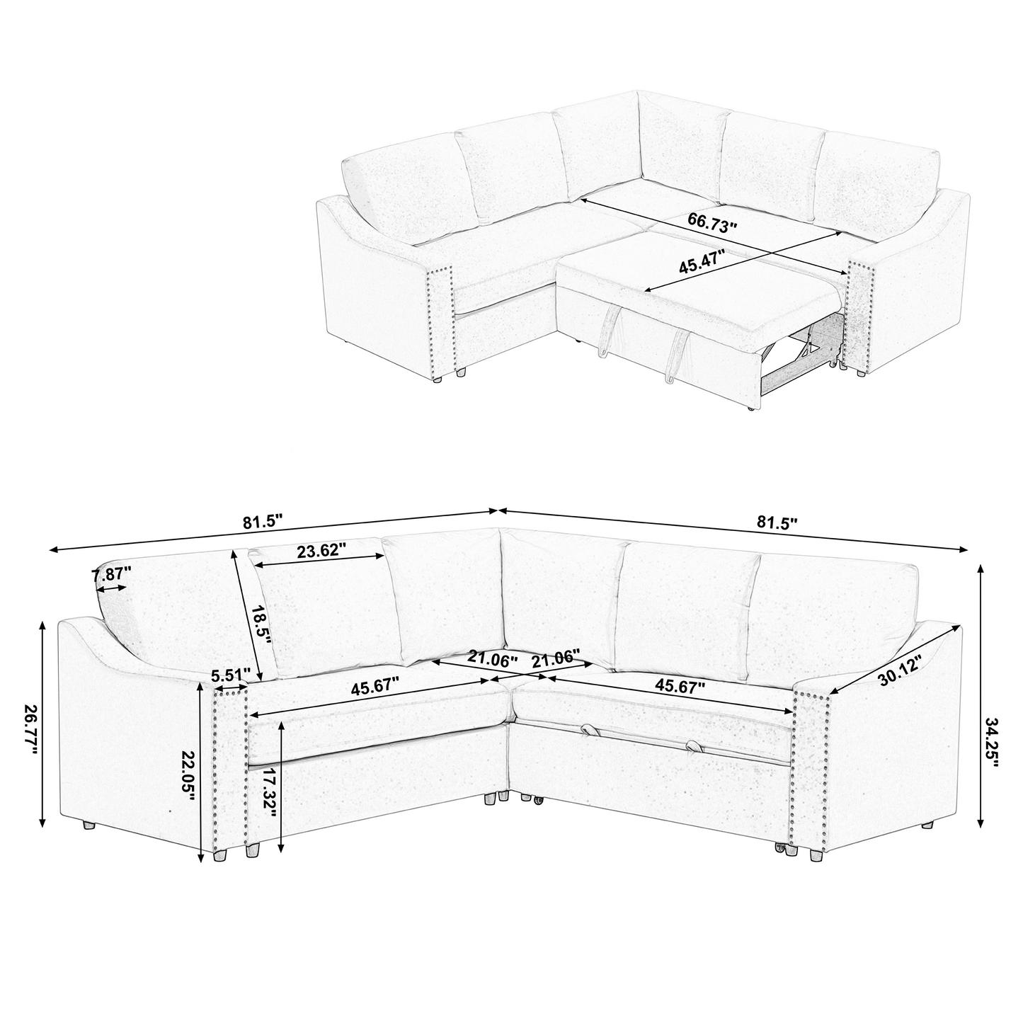 Melysen L-shaped sofa with pull-out sofa bed, Corner Sofa,comfortable living room furniture set, sleeper sofa bed,Corner seat for two with broaching sofa,Rivet DeChenille