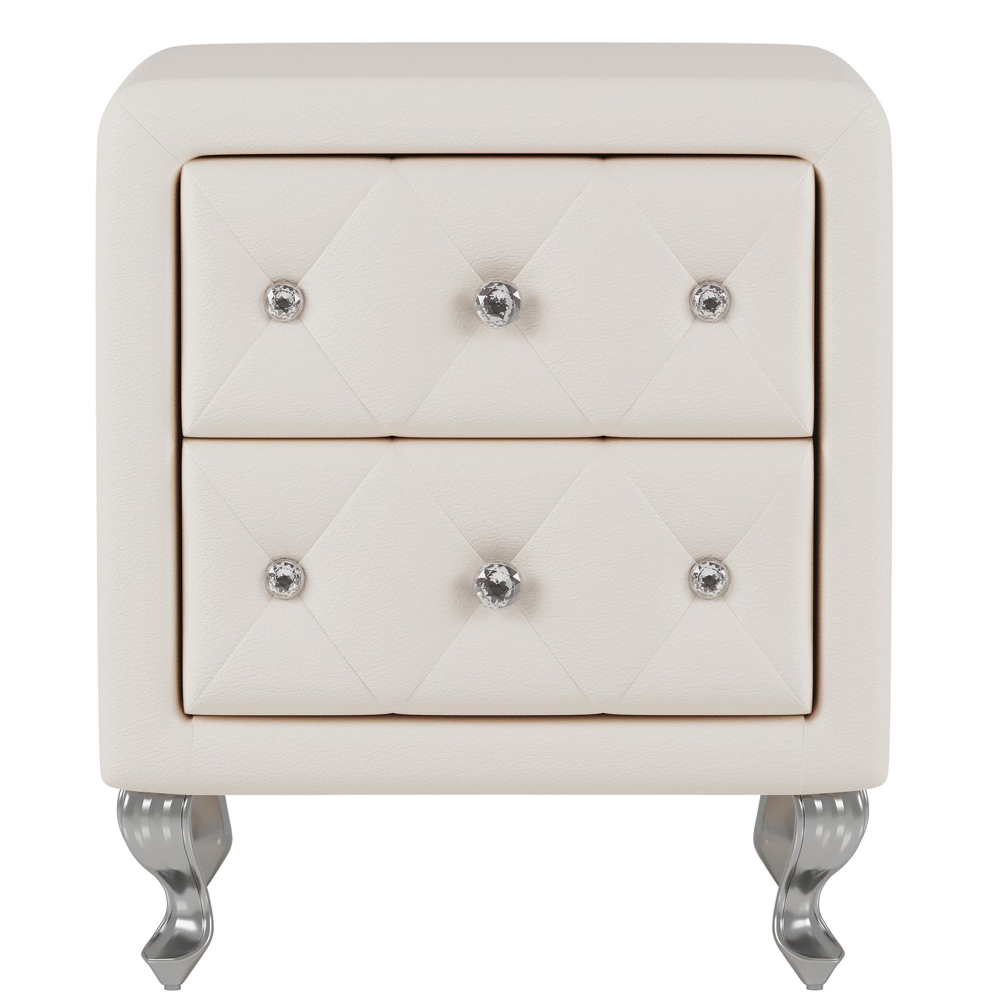 Melysen Elegant PU Nightstand with 2 Drawers and Crystal Handle,Fully Assembled Except Legs&Handles,Storage Bedside Table with Metal Legs,White