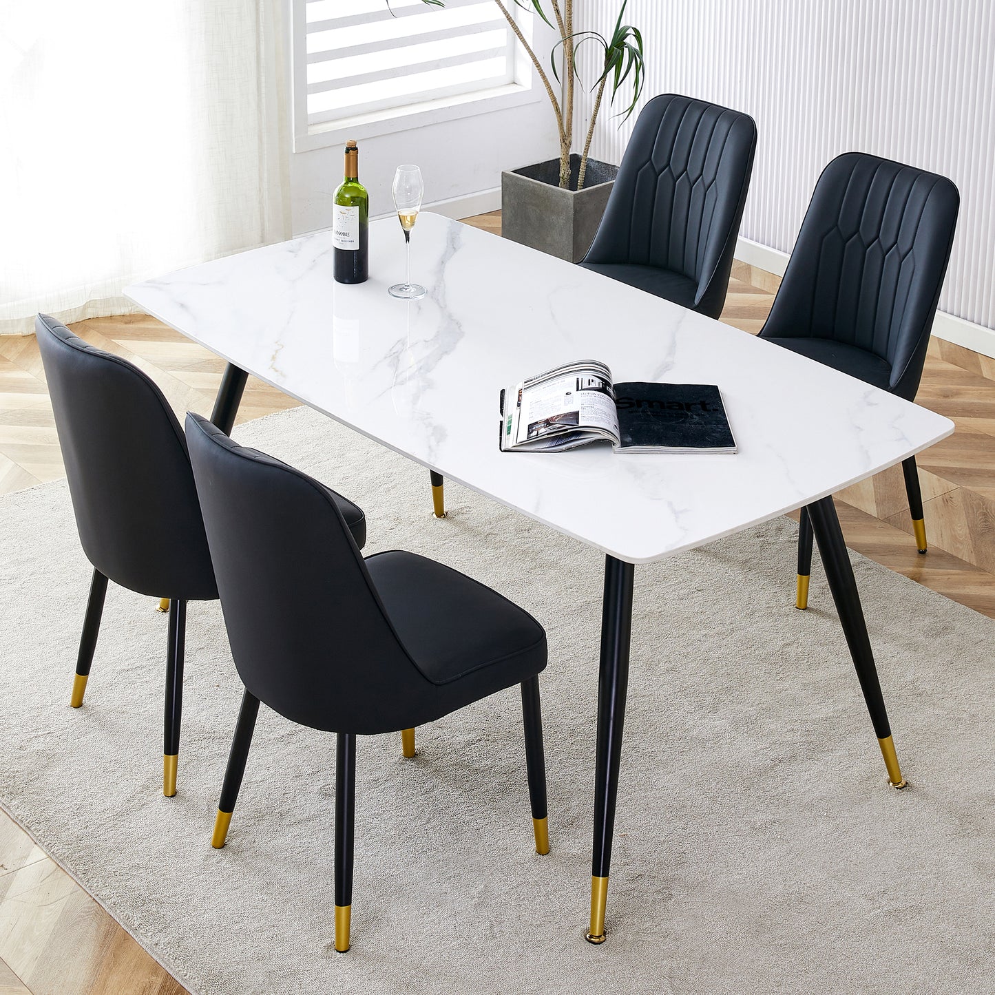 Melysen Modern Minimalist Dining Table. White Imitation Marble Pattern Sintered Stone Desktop with Black Metal Legs.Modern Dining Chair with Pu Artificial Leather Backrest Cushion and Black Metal Legs.001