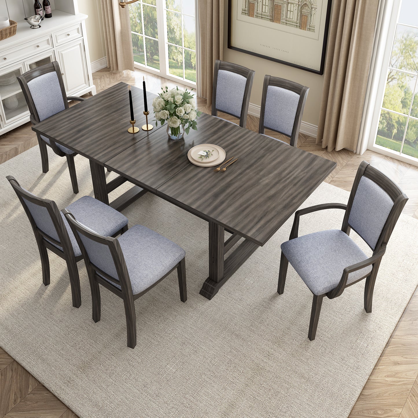 Melysen 7-Piece Updated 76.9inch Extendable Trestle Dining Table Set with Removable Leaf, Kitchen Table Set with Upholstered Side Chair and Arm Chair,Set of 6