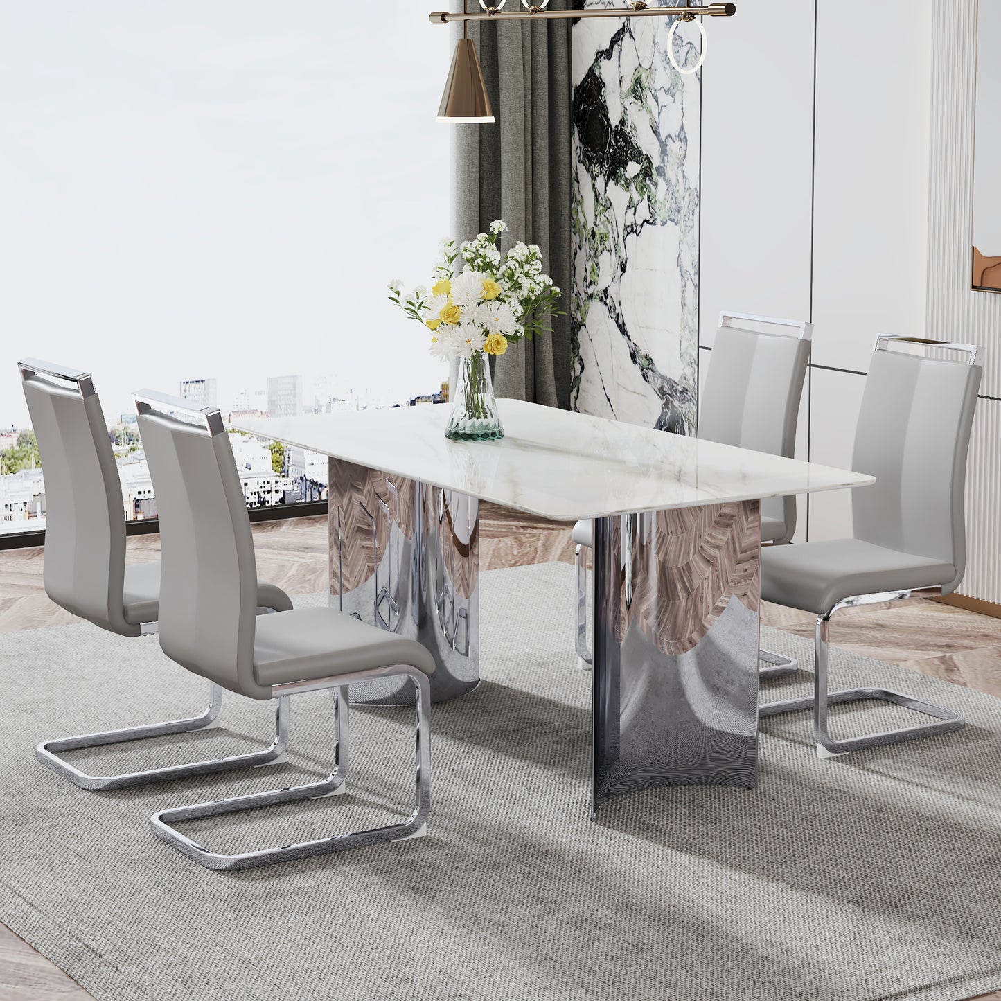 Melysen Modern Minimalist Dining Table. Imitation Marble Glass Sticker Desktop, Stainless Steel Legs, Stable and Beautiful. 4 Premium Pu Seats. 63" * 35.4" * 29.5"002