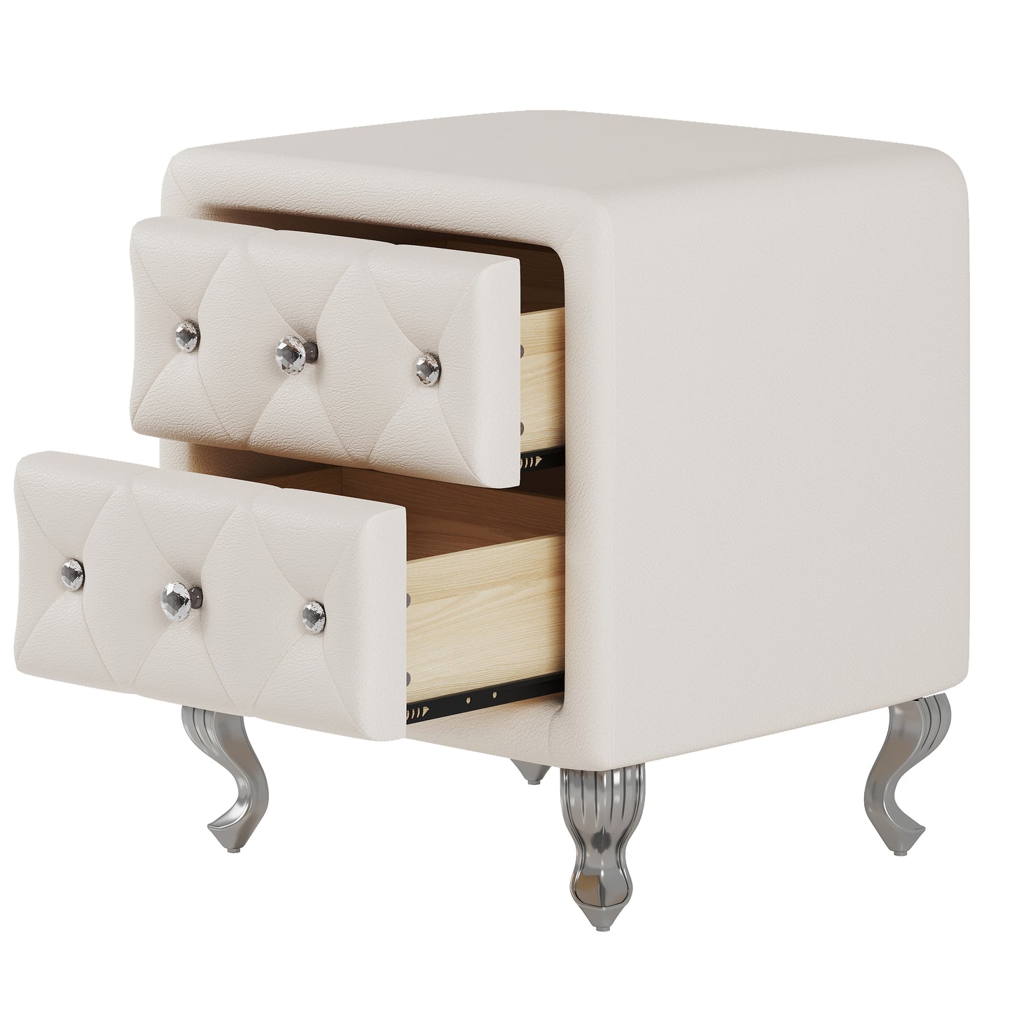 Melysen Elegant PU Nightstand with 2 Drawers and Crystal Handle,Fully Assembled Except Legs&Handles,Storage Bedside Table with Metal Legs,White