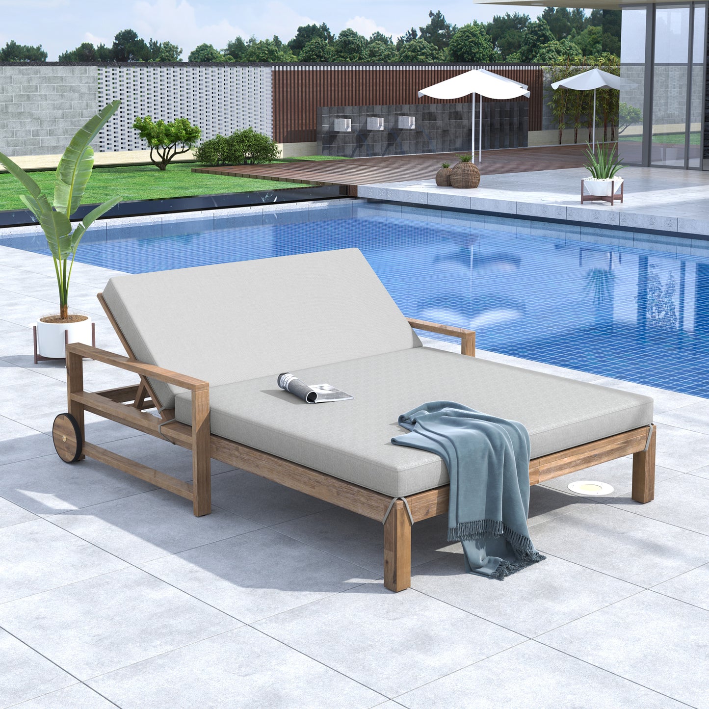 Melysen 1-Piece Farmhouse-styled Wooden Outdoor Sunbed for Ultimate Relaxation Outdoor Daybed Seating 2 People for Poolside, Garden and Backyard (Grey)