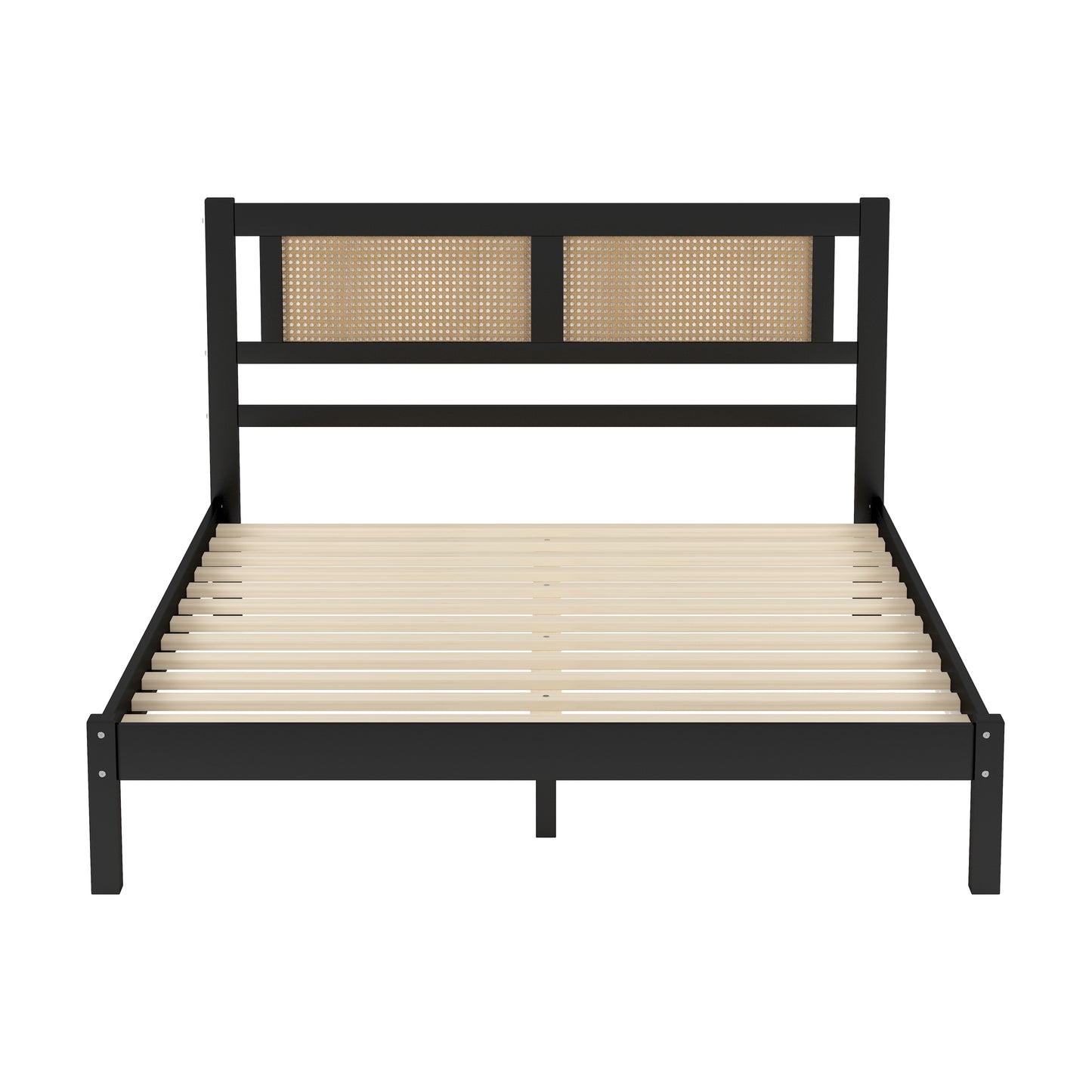 Melysen Queen Size Wood Platform Bed with Natural Rattan Headboard,Exquisite Elegance with Minimalist Charm for Bedroom