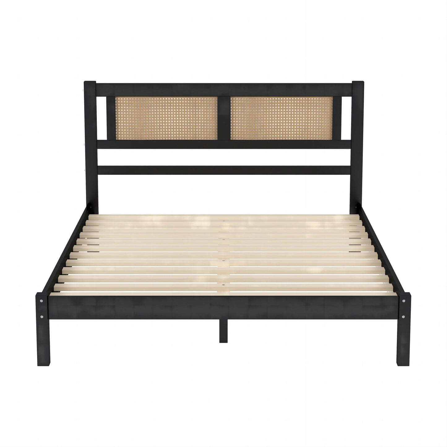 Melysen Queen Size Wood Platform Bed with Natural Rattan Headboard,Exquisite Elegance with Minimalist Charm for Bedroom