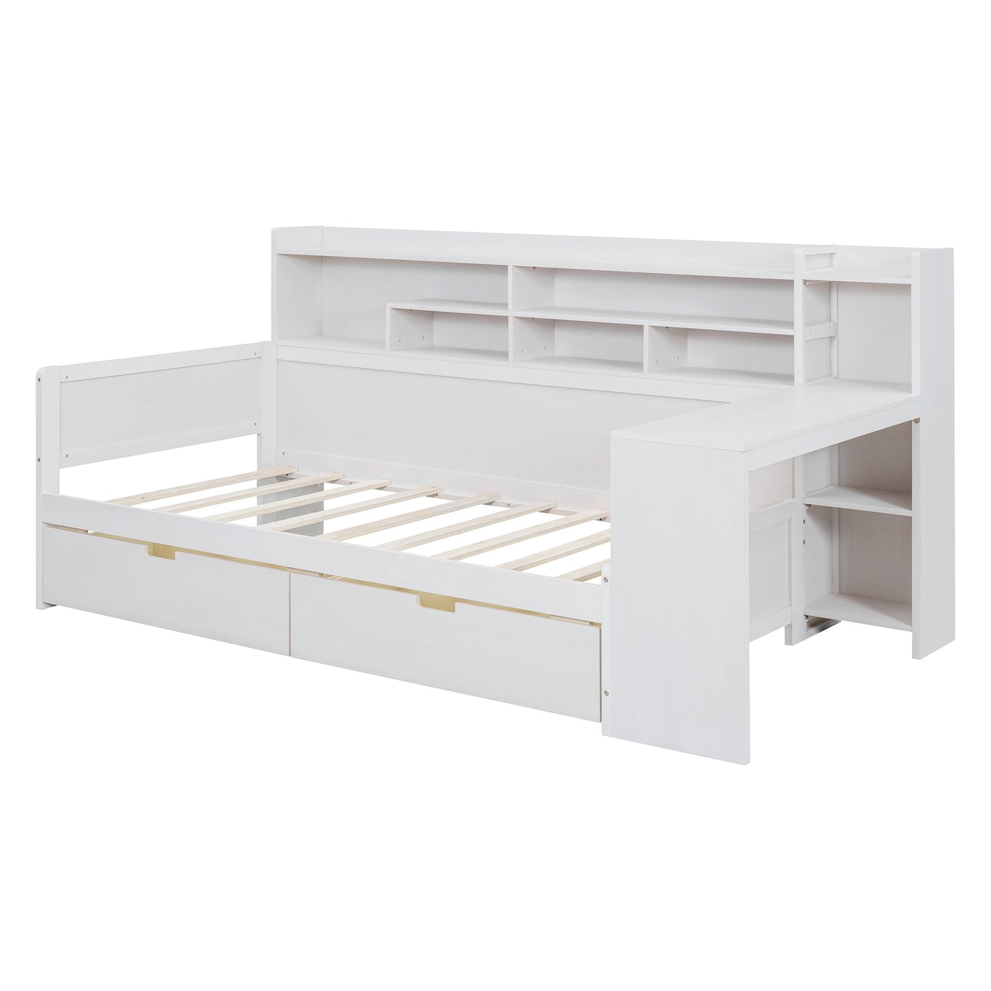 Melysen Wooden Twin Size Daybed with Storage Shelves, Multi-functional Bed with Two Storage Drawers and  Study Desk