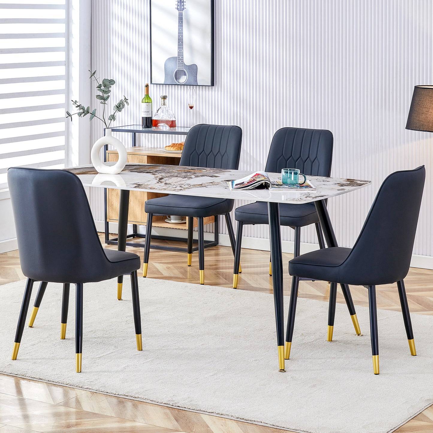 Melysen Modern Minimalist Dining Table. Imitation Marble Patterned Stone Burning Tabletop with Black Metal Legs.Modern Dining Chair with Pu Artificial Leather Backrest Cushion and Black Metal Legs.006