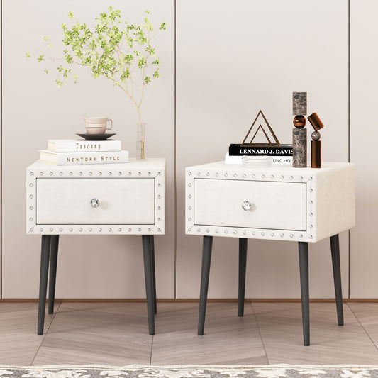 Melysen Modern Nightstands Set of 2 with Drawer and Crystal Handle, Elegant Rivet Velvet Design Bedside Table for Bedroom