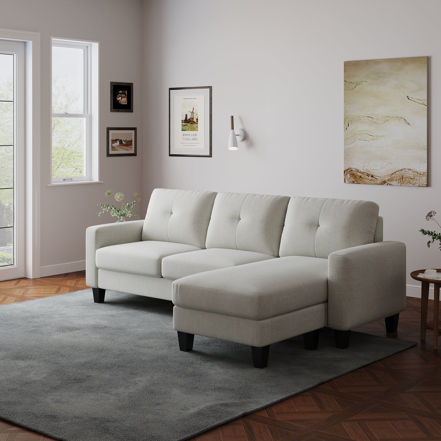 Melysen Living Room Furniture with Polyester Fabric L Shape Couch Corner Sofa for Small Space Beige