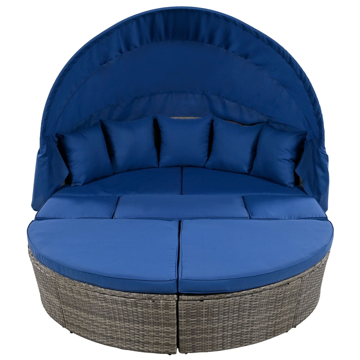 Melysen Outdoor rattan daybed sunbed with Retractable Canopy Wicker Furniture, Round Outdoor Sectional Sofa Set, Gray Wicker Furniture Clamshell Seating with Washable Cushions, Backyard, Porch, Blue