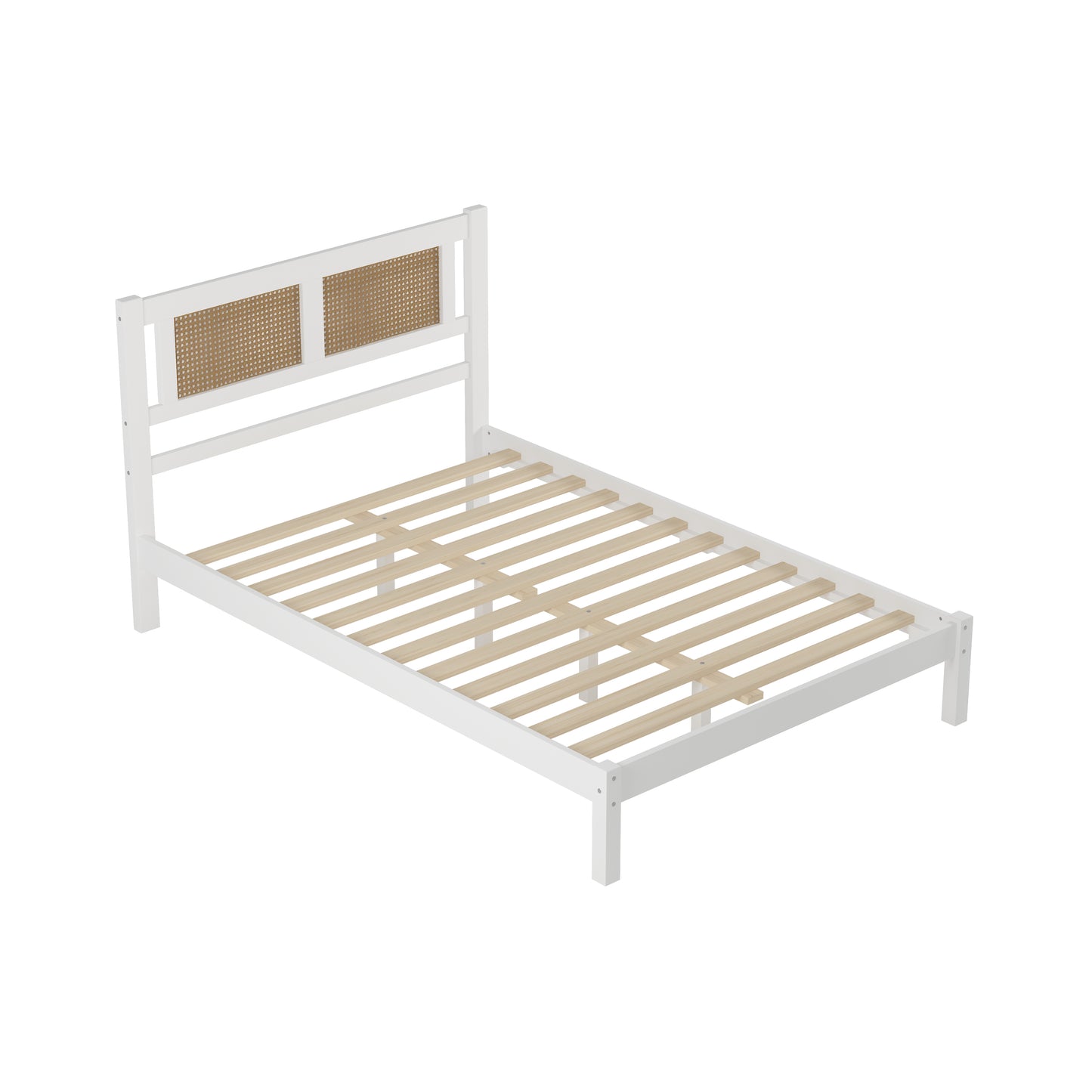 Melysen Full Size Wooden Platform Bed with Natural Rattan Headboard, Exquisite Elegance with Minimalist Charm for Bedroom