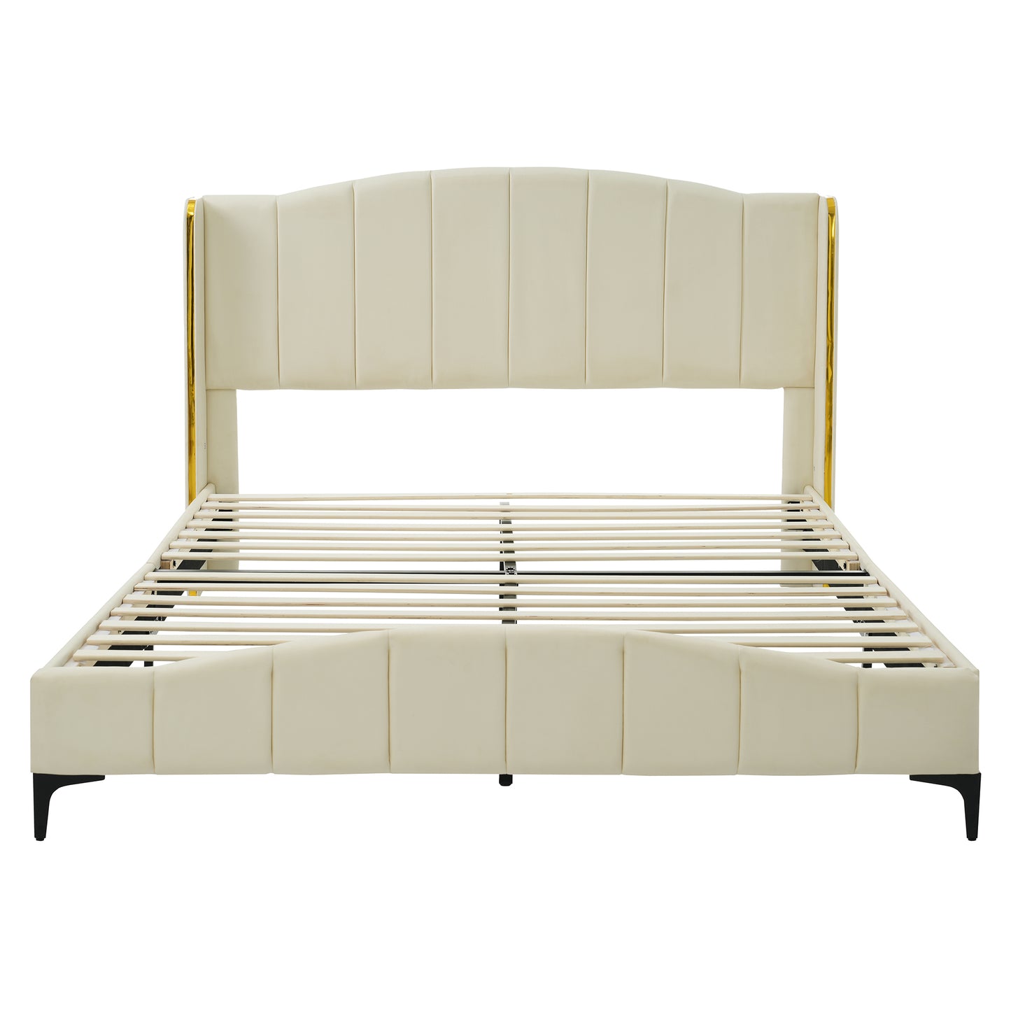 Melysen Queen Size PU Leather Upholstered Platform Bed, Headboard with Wingback and Metal Bar Accents