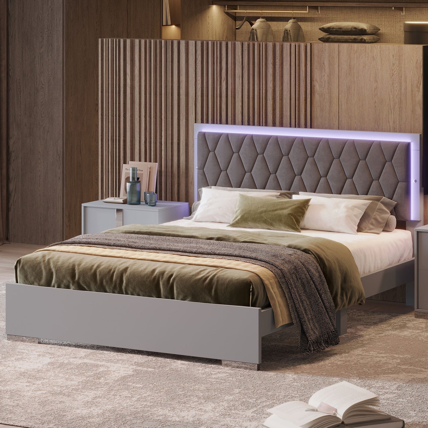 Melysen Queen Size Upholstered Bed with LED Light,Modern Platform Bed with with Velvet Headboard