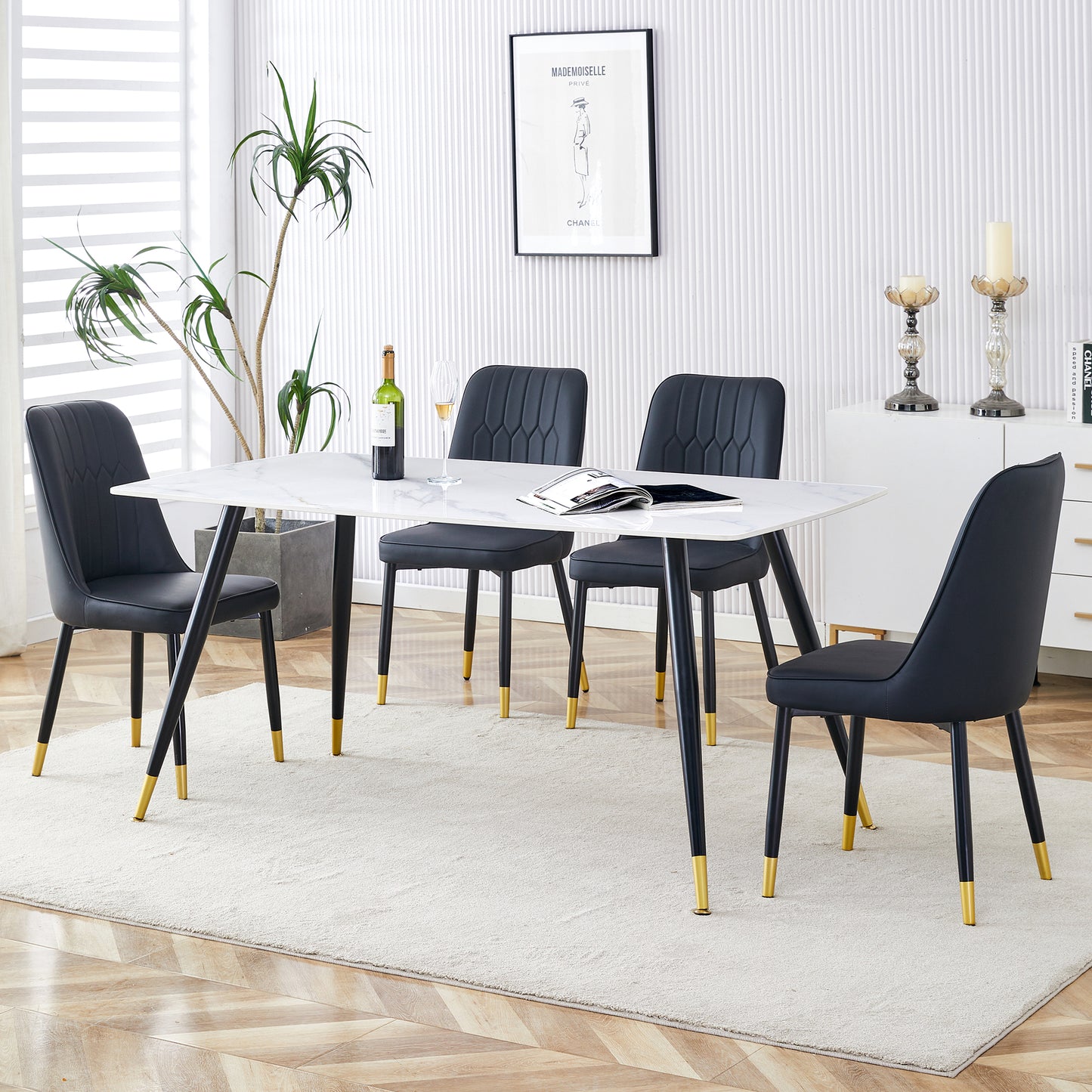 Melysen Modern Minimalist Dining Table. White Imitation Marble Pattern Sintered Stone Desktop with Black Metal Legs.Modern Dining Chair with Pu Artificial Leather Backrest Cushion and Black Metal Legs.001