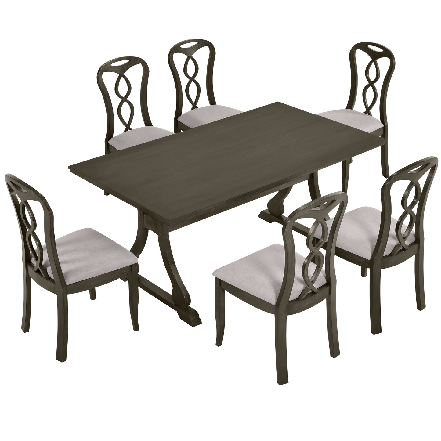 Melysen Retro 7-Piece Trestle Dining Table Set with Upholstered Dining Chairs, Smooth Dining Backs for Dining Room, Living Room, Kitchen