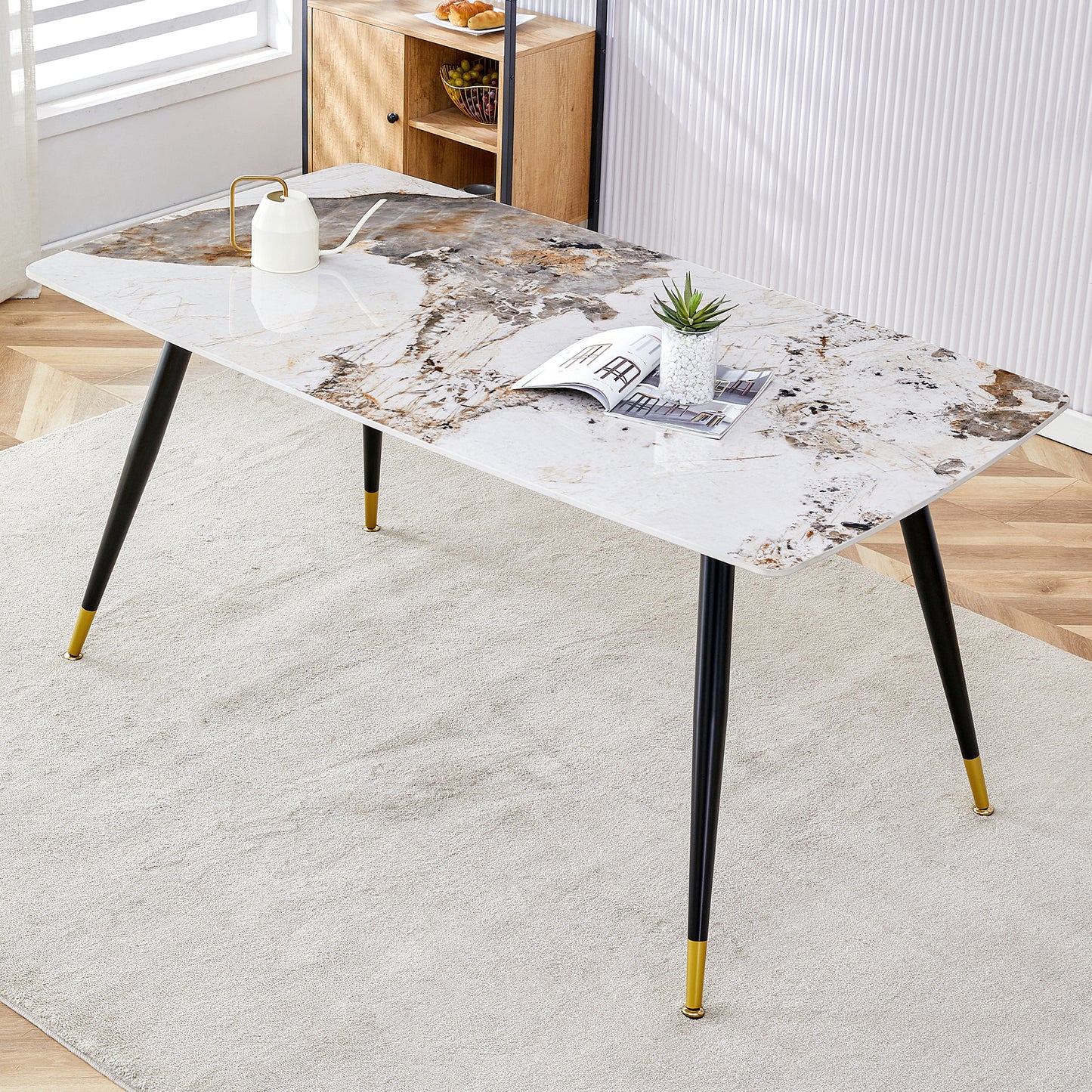 Melysen Modern Minimalist Dining Table. Imitation Marble Patterned Stone Burning Tabletop with Black Metal Legs