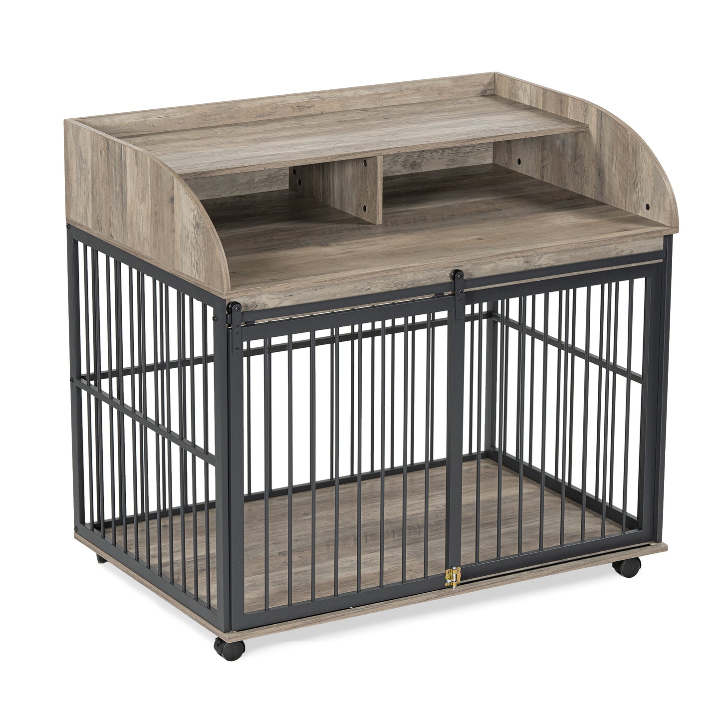 Melysen 44'' Heavy Duty Large Dog Crate Furniture for Large Medium Dog with Lockable Wheels, Wooden Dog Crate Dog Kennel, End Table Crate with Double layer storage, Gray