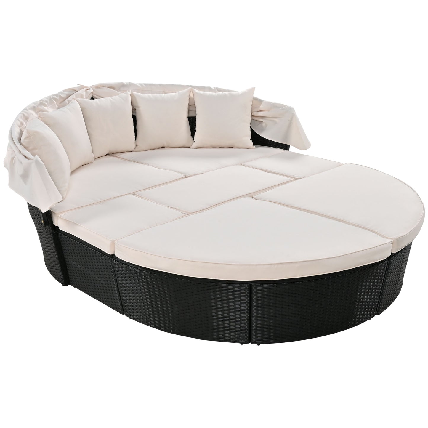 Melysen Outdoor rattan daybed sunbed with Retractable Canopy Wicker Furniture, Round Outdoor Sectional Sofa Set, black Wicker Furniture Clamshell Seating with Washable Cushions, Backyard, Porch, Beige