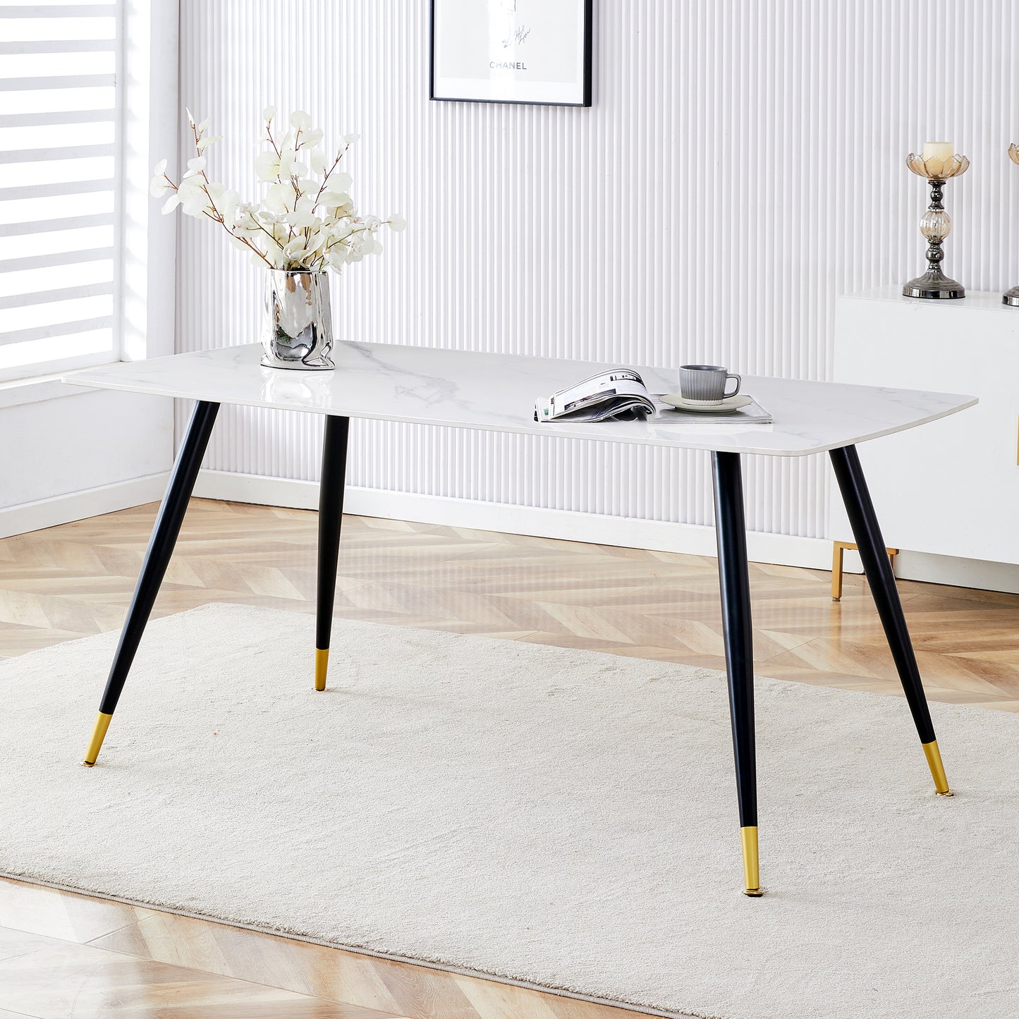 Melysen Modern Minimalist Dining Table. White Imitation Marble Pattern Sintered Stone Desktop with Black Metal Legs