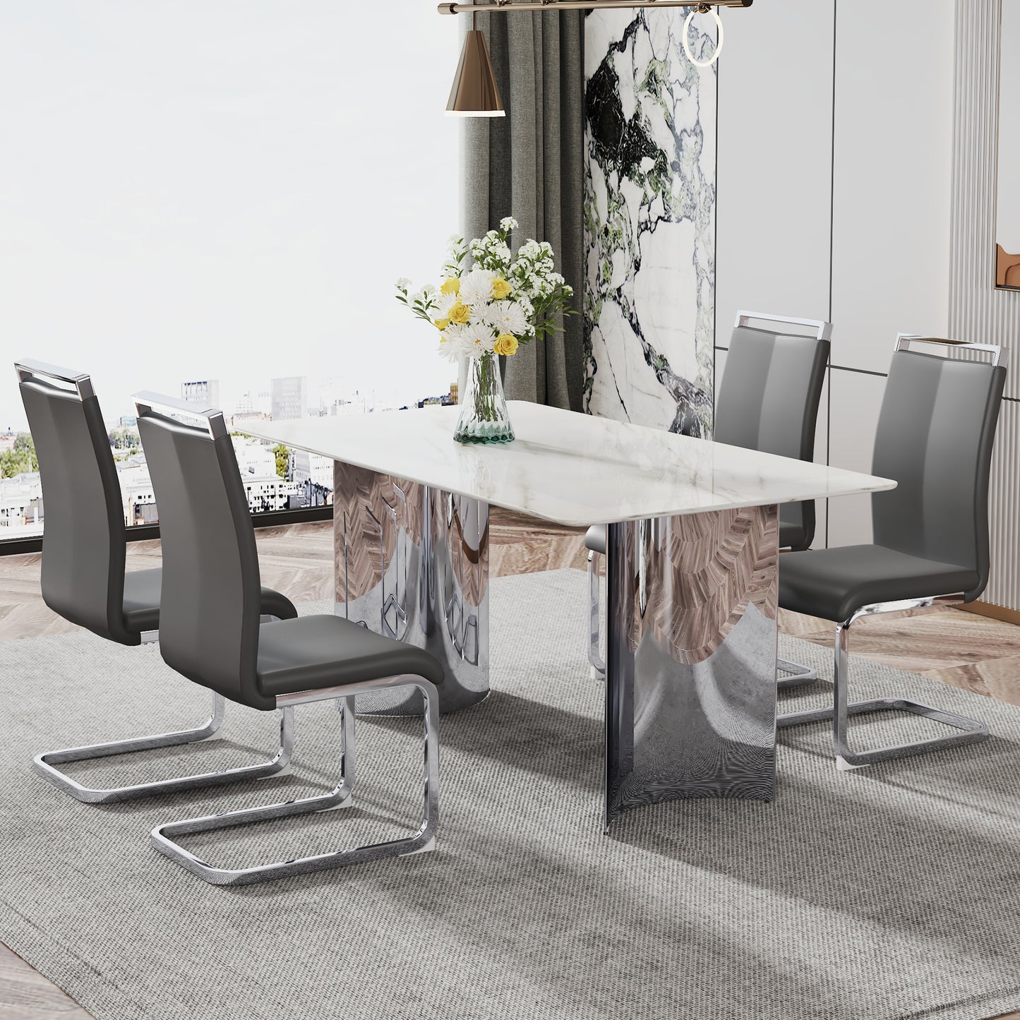 Melysen Modern Minimalist Dining Table. Imitation Marble Glass Sticker Desktop, Stainless Steel Legs, Stable and Beautiful. 4 Premium Pu Seats. 63" * 35.4" * 29.5"001