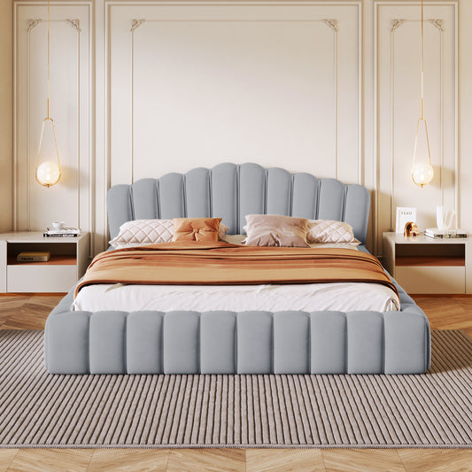 Melysen Velvet Upholstered Queen Bed Frame Shell-Shaped Headboard for Bedroom,Light Blue