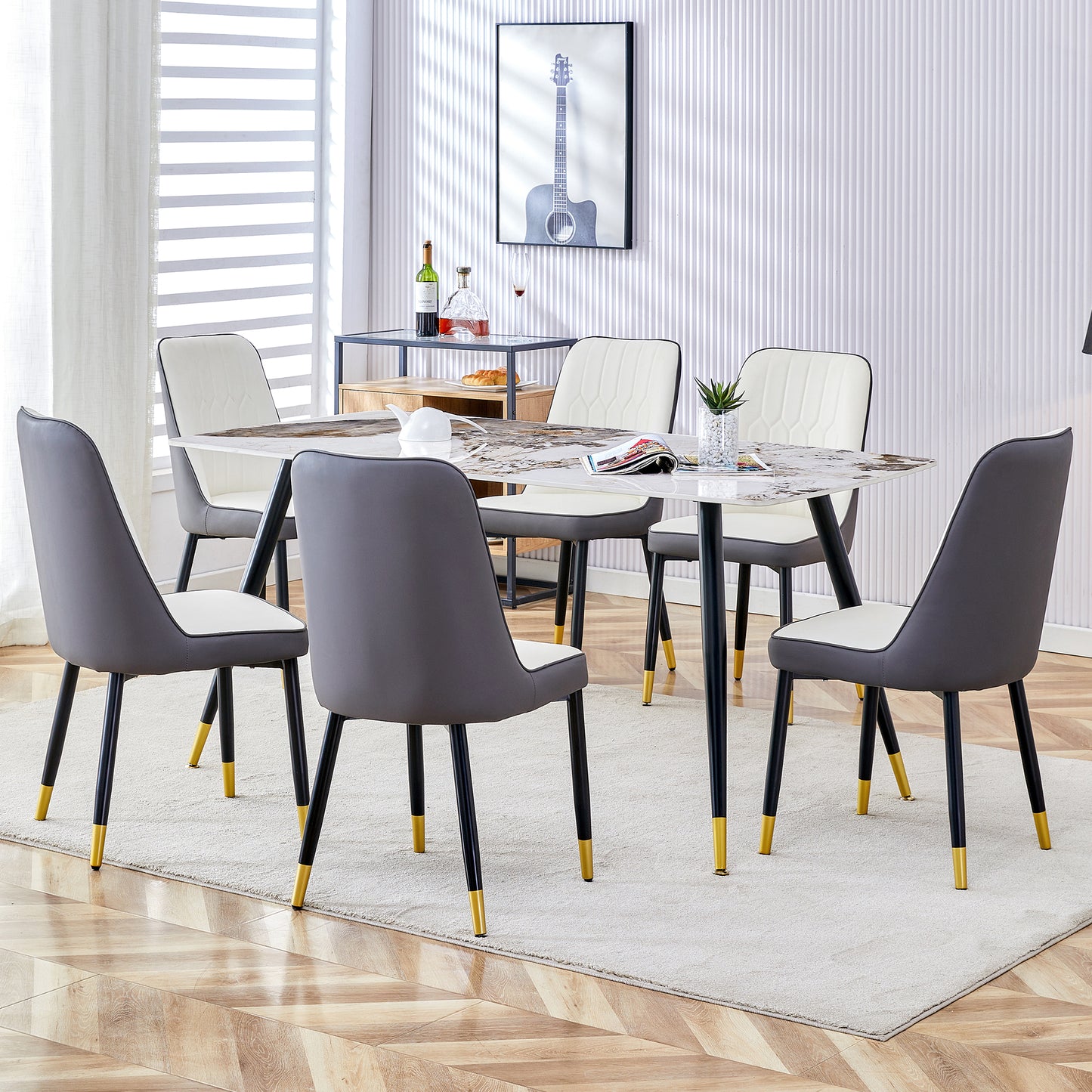 Melysen Modern Minimalist Dining Table. Imitation Marble Patterned Stone Burning Tabletop with Black Metal Legs.Modern Dining Chair with Pu Artificial Leather Backrest Cushion and Black Metal Legs.010