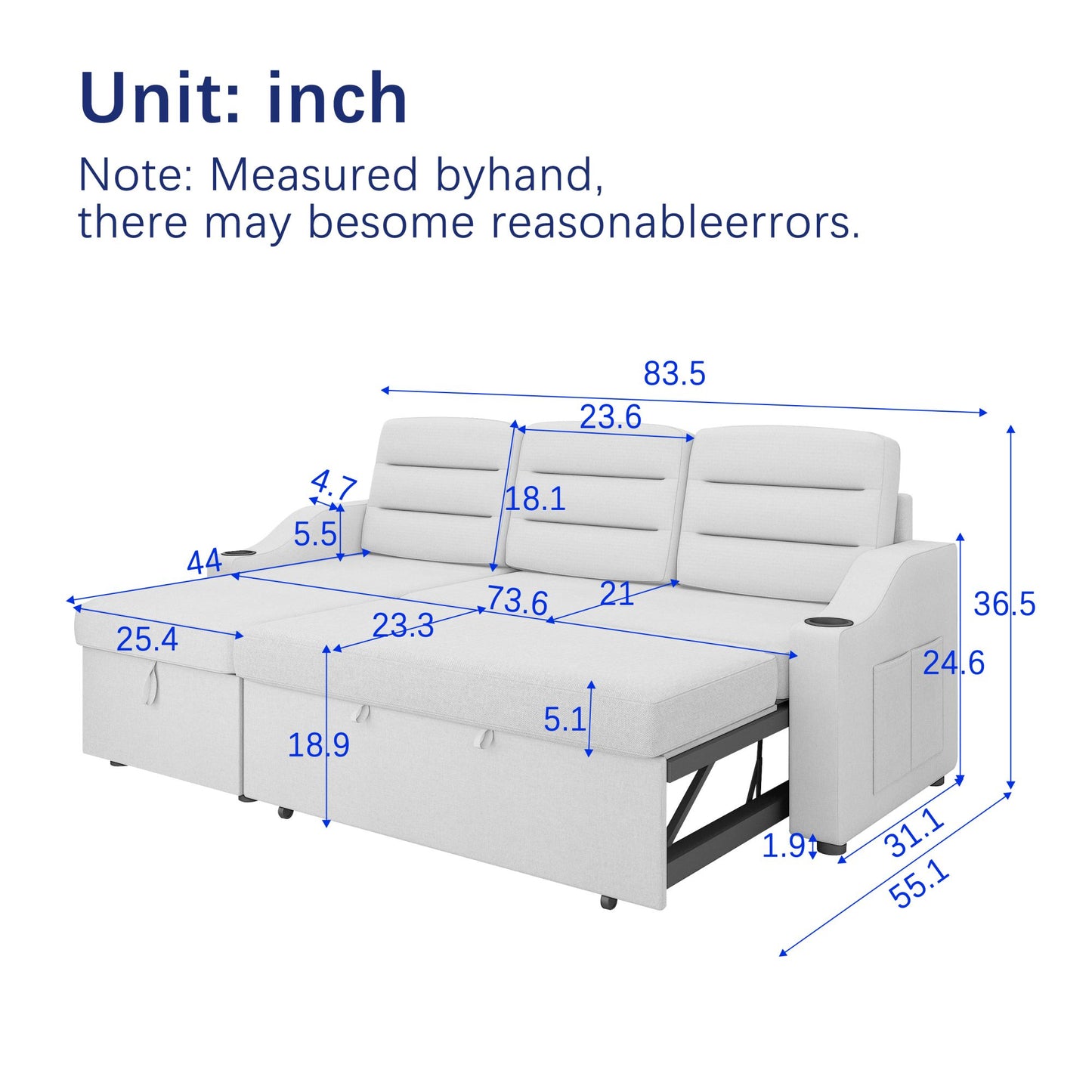 Melysen 83.5" Convertible Sleeper Combo Sofa, Convertible Sofa Bed Polyester Pullout Bed with Storage Recliner and Cup Holder for Living Room, Tight Spacesin