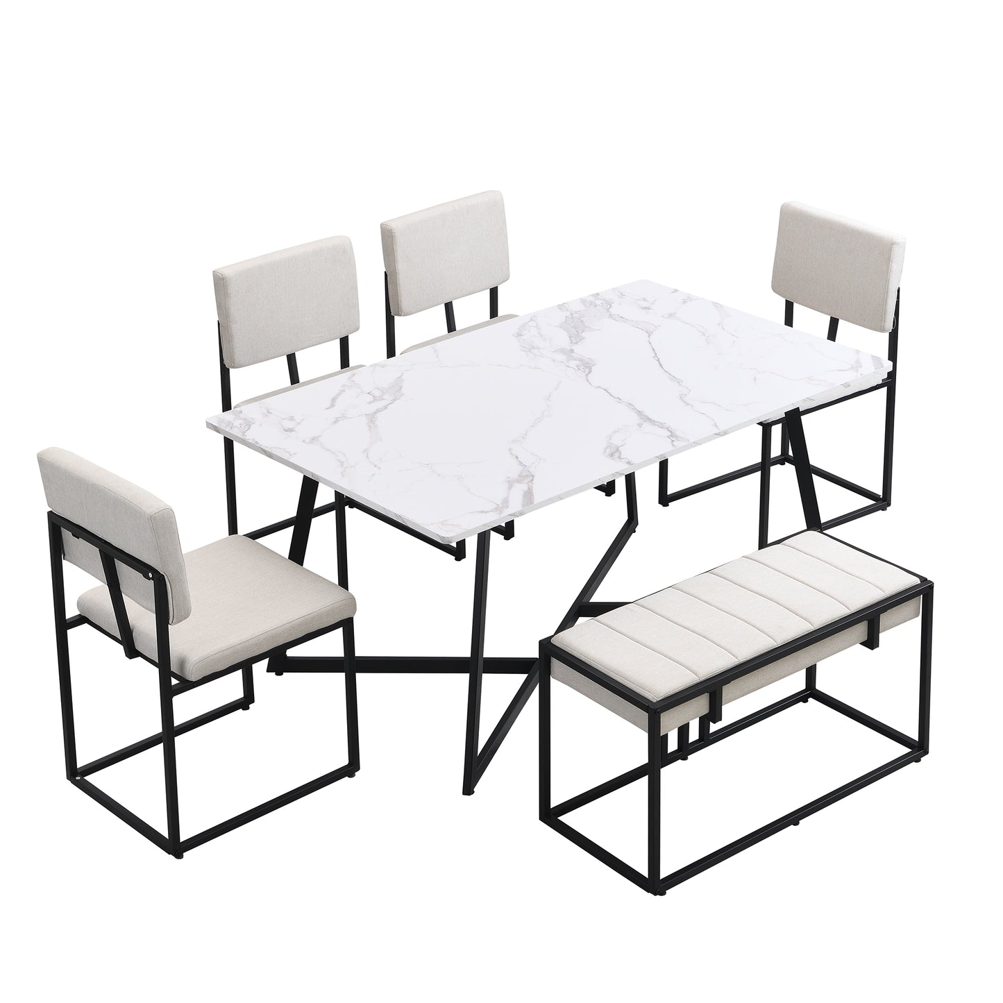 Melysen Modern Faux Marble 6-Piece Dining Table Set,60inch Metal Kitchen Table Set with Upholstered Dining Chairs and Bench