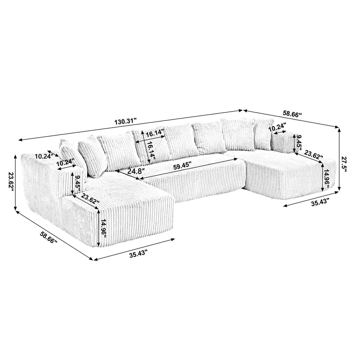 Melysen 131'' Modular Sectional Couch, U-shaped sofa , Chaise Lounge, Striped fabric,Upholstered 4 Seater Couch for Living Room, Bedroom, Free Combination Sofa (Corduroy)