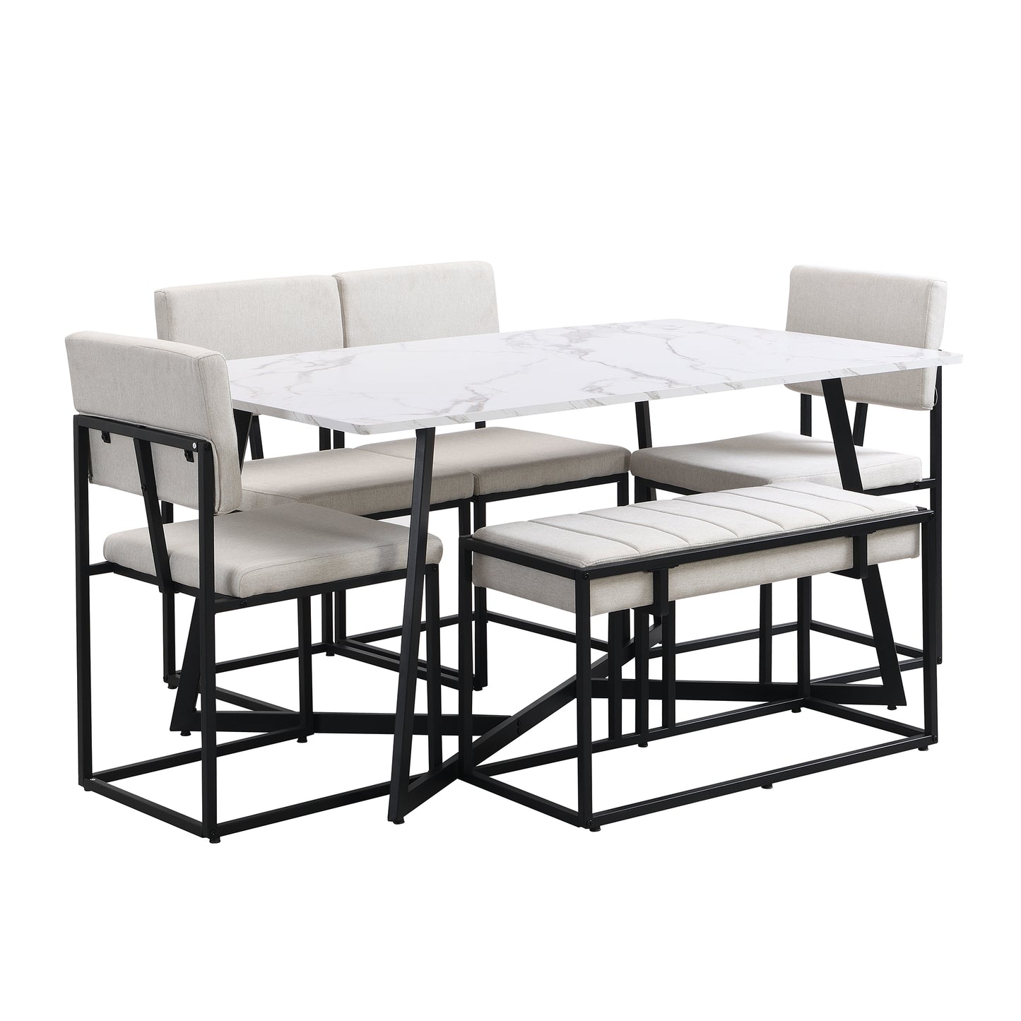 Melysen Modern Faux Marble 6-Piece Dining Table Set,60inch Metal Kitchen Table Set with Upholstered Dining Chairs and Bench