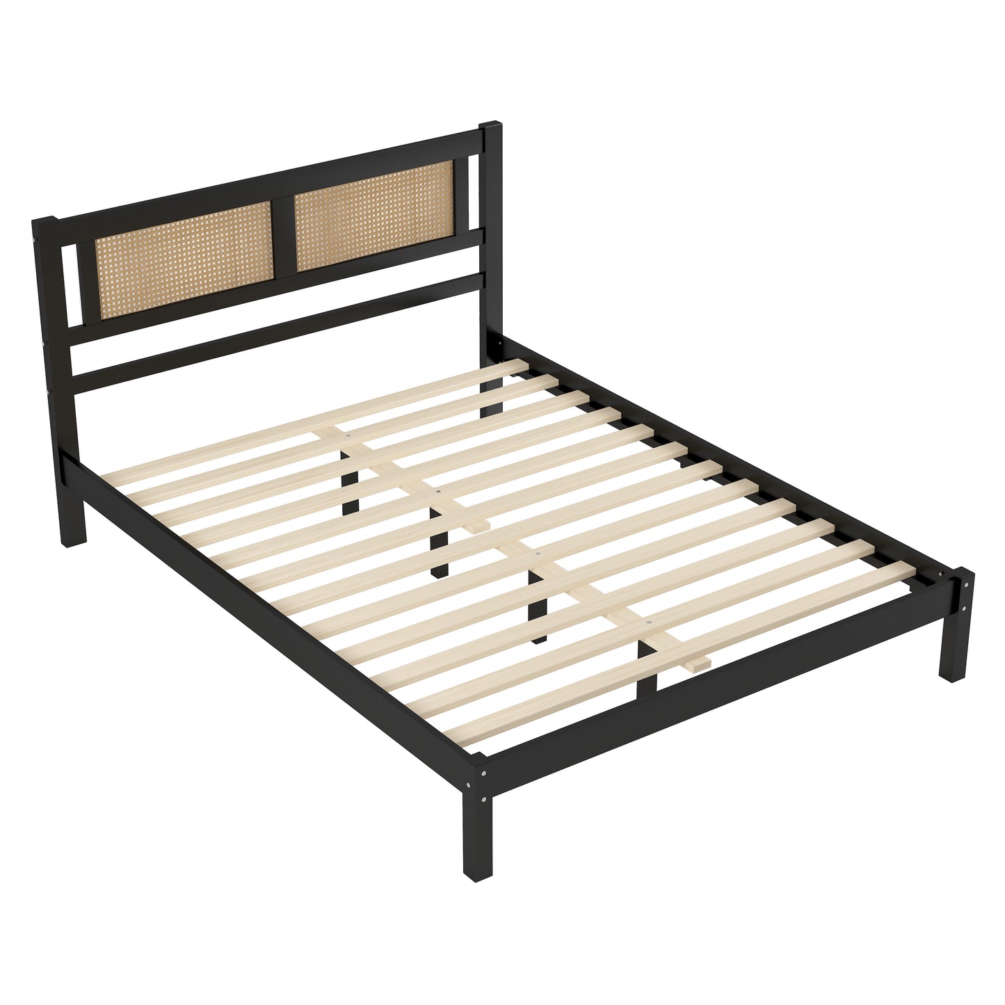 Melysen Queen Size Wood Platform Bed with Natural Rattan Headboard,Exquisite Elegance with Minimalist Charm for Bedroom