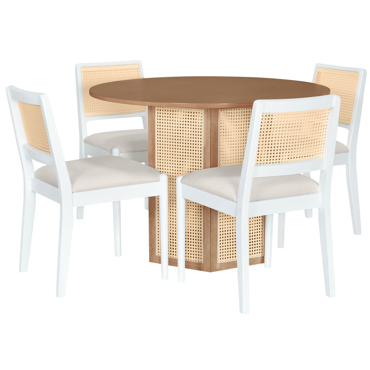 Melysen 5-Piece Rattan Round Dining Table Set, Wood Table with Hexagonal Base and Upholstered Chairs for Dining Room, Kitchen,Indoor Use